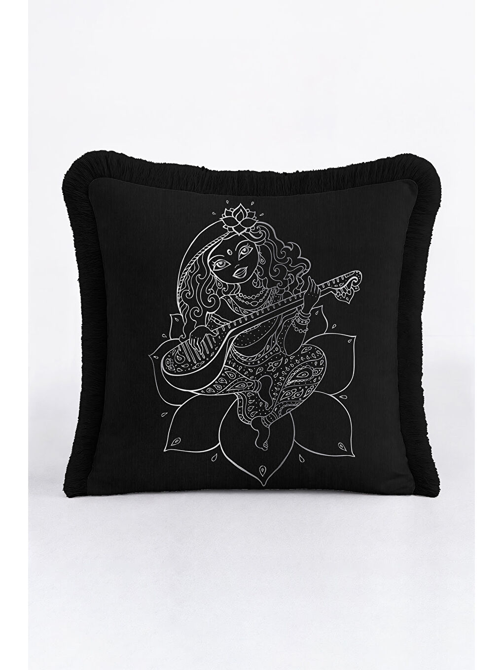 Karışık Mistisizmin Işıltısı Saçaklı Yastık Kılıfı - Spiritüel Sanat Bohem Siyah Püsküllü Kırlent Kılıfı-4