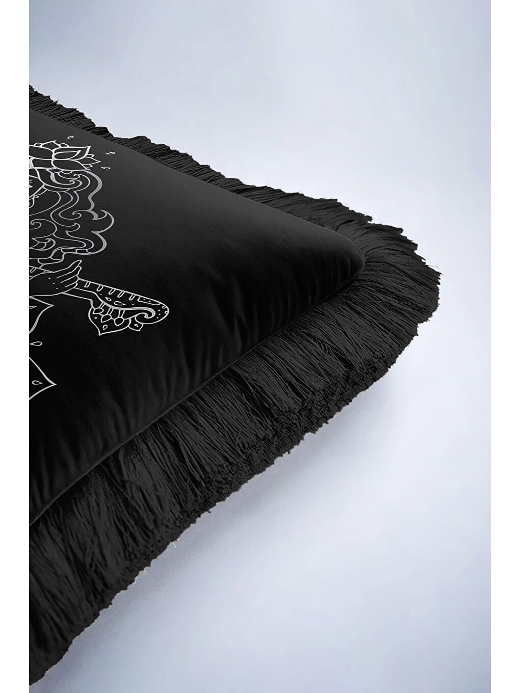 Karışık Mistisizmin Işıltısı Saçaklı Yastık Kılıfı - Spiritüel Sanat Bohem Siyah Püsküllü Kırlent Kılıfı-6