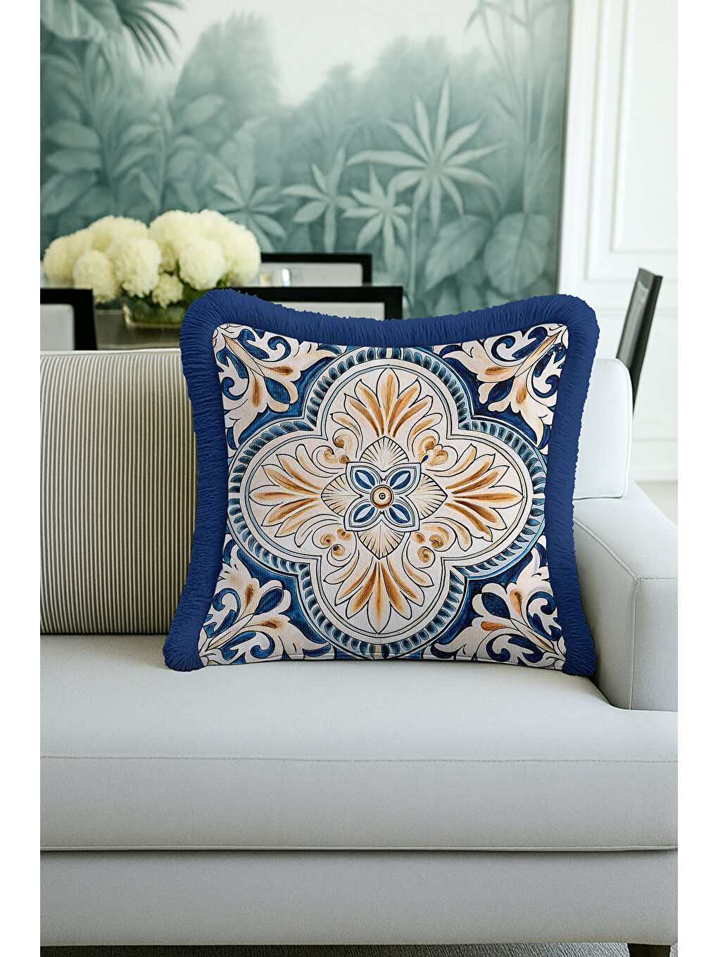 Karışık Barok Lüks Saçaklı Yastık Kılıfı - Akdeniz Esintili Klasik Mavi Altın Renkli Püsküllü Kırlent Kılıfı
