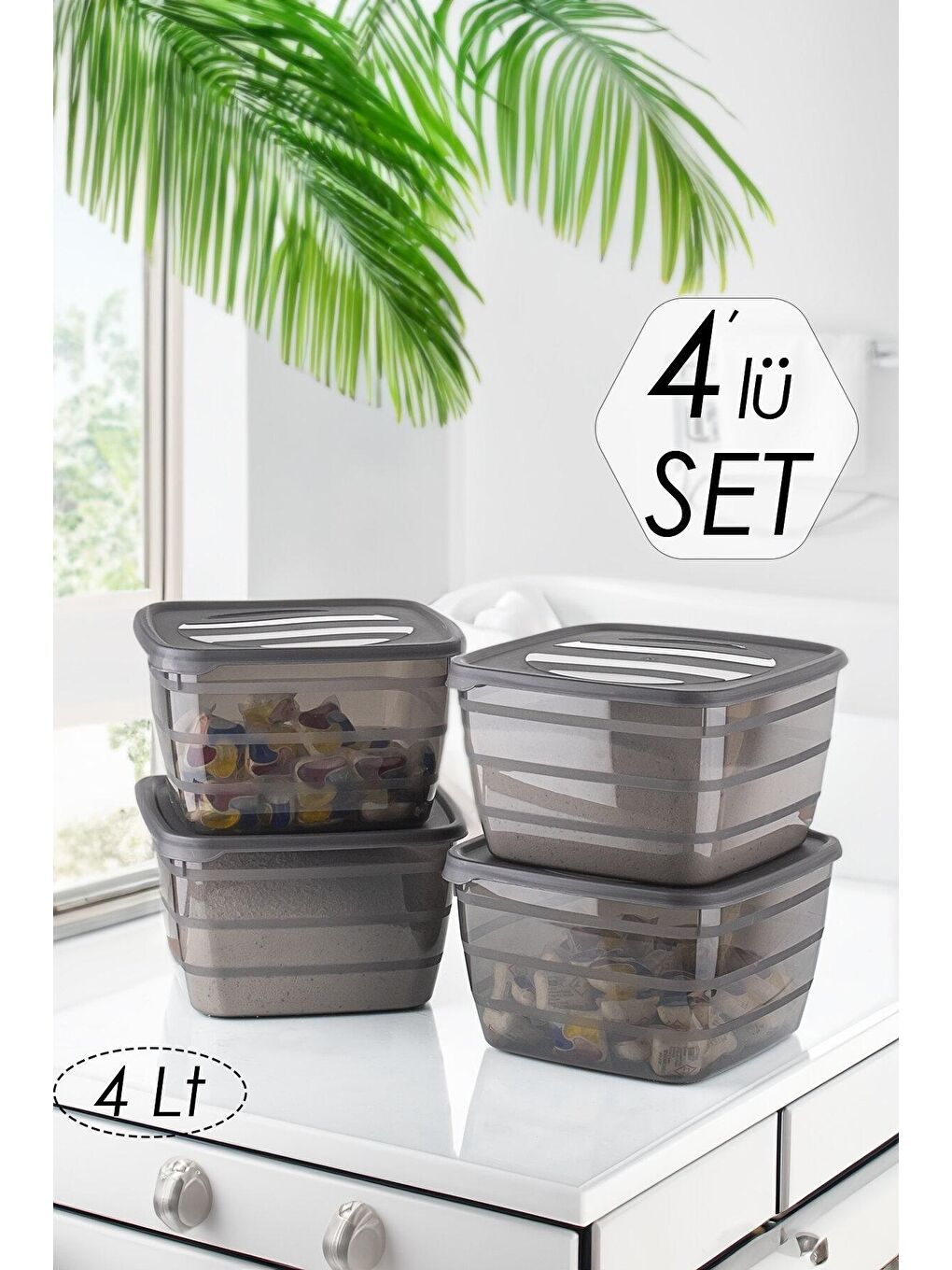 2315 Saklama Kabı 4lü Kare Un Bakliyat Erzak Saklama Kabı Deterjanlık Saklama Kutusu Antrasit