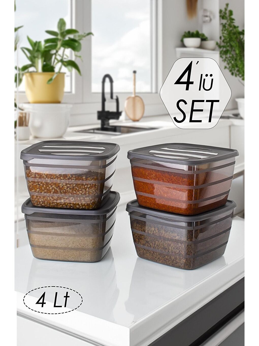 2315 Saklama Kabı 4lü Kare Un Bakliyat Erzak Saklama Kabı Deterjanlık Saklama Kutusu Antrasit-1