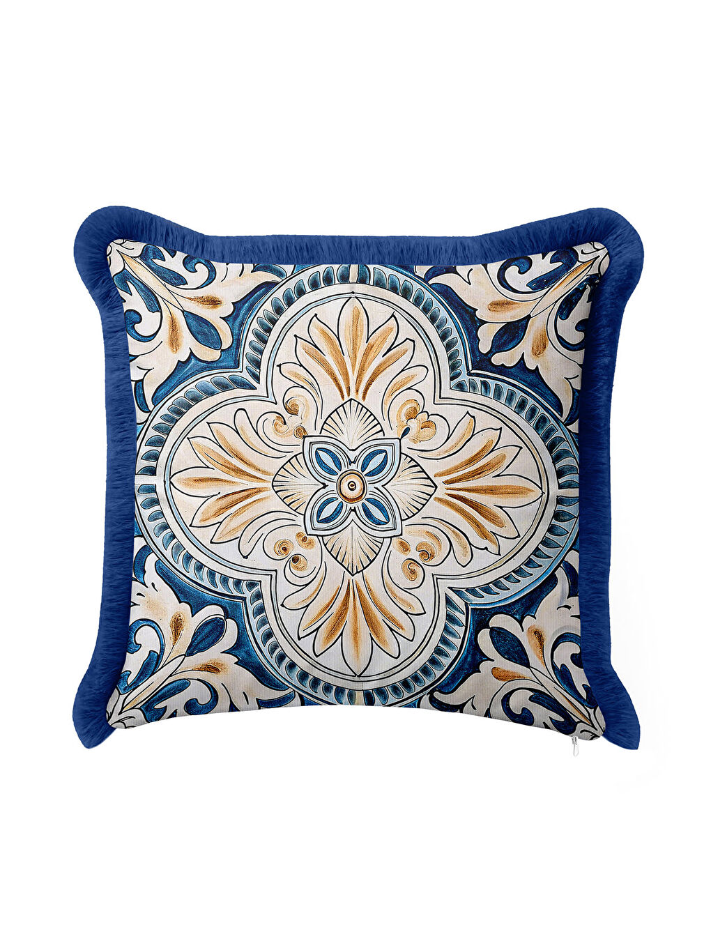 Karışık Barok Lüks Saçaklı Yastık Kılıfı - Akdeniz Esintili Klasik Mavi Altın Renkli Püsküllü Kırlent Kılıfı-2