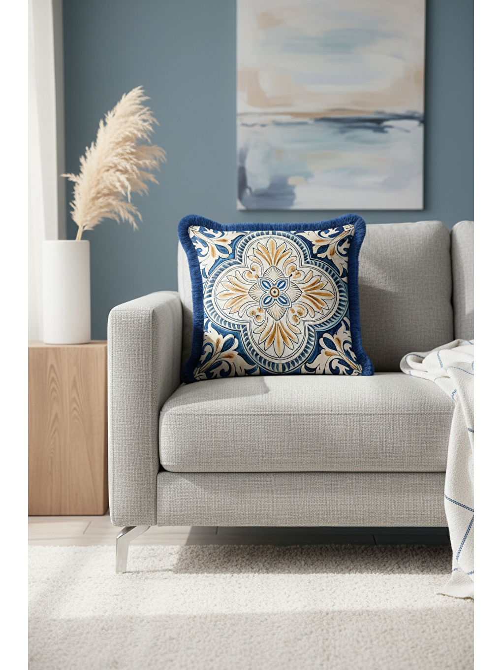 Karışık Barok Lüks Saçaklı Yastık Kılıfı - Akdeniz Esintili Klasik Mavi Altın Renkli Püsküllü Kırlent Kılıfı-3