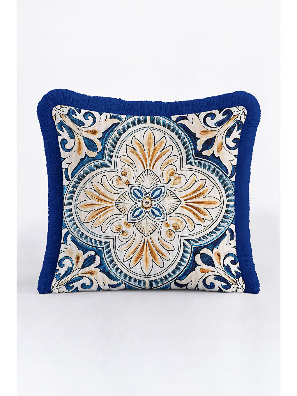 Karışık Barok Lüks Saçaklı Yastık Kılıfı - Akdeniz Esintili Klasik Mavi Altın Renkli Püsküllü Kırlent Kılıfı-4