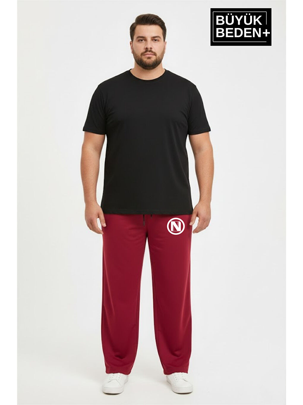 Bordo Erkek Büyük Beden N Logo Baskılı Rahat Kesim Paça Reçme ince Eşofman Altı SPR26EA952-4