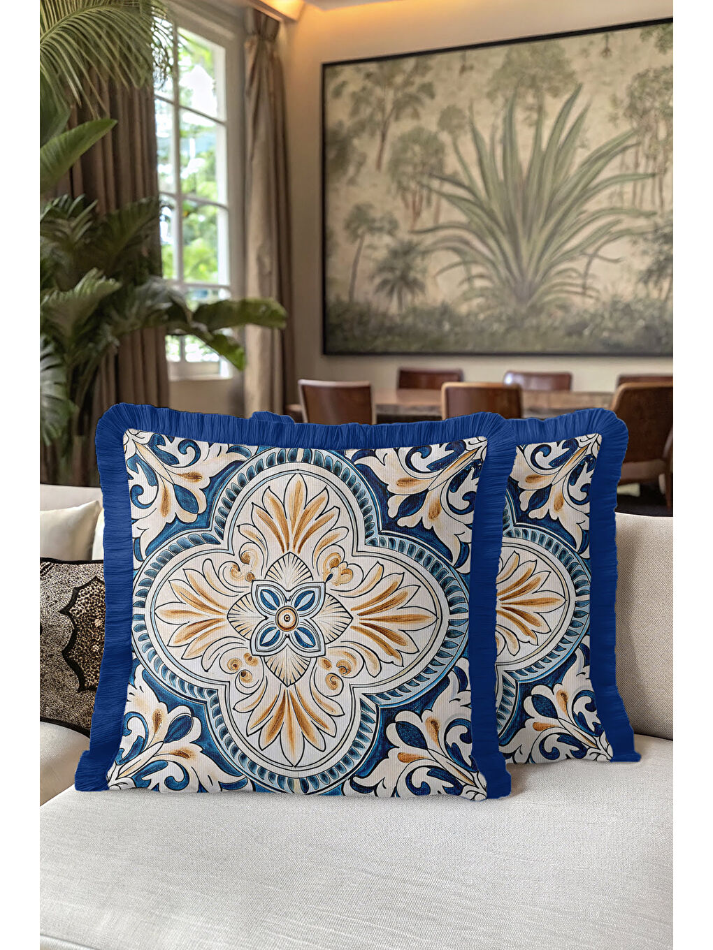 Karışık Barok Lüks Saçaklı Yastık Kılıfı - Akdeniz Esintili Klasik Mavi Altın Renkli Püsküllü Kırlent Kılıfı-5
