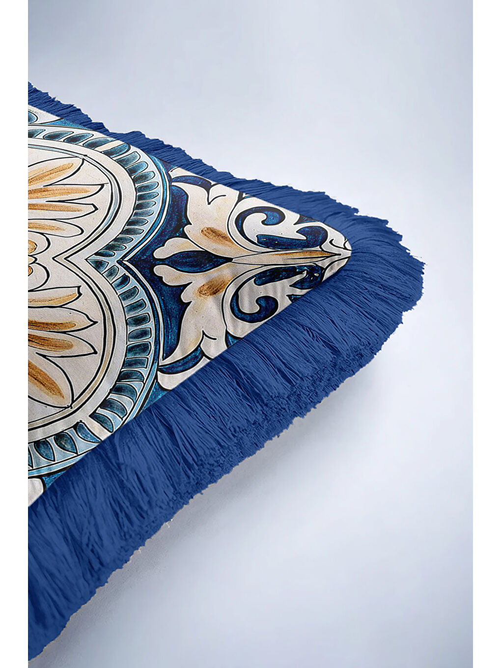 Karışık Barok Lüks Saçaklı Yastık Kılıfı - Akdeniz Esintili Klasik Mavi Altın Renkli Püsküllü Kırlent Kılıfı-6