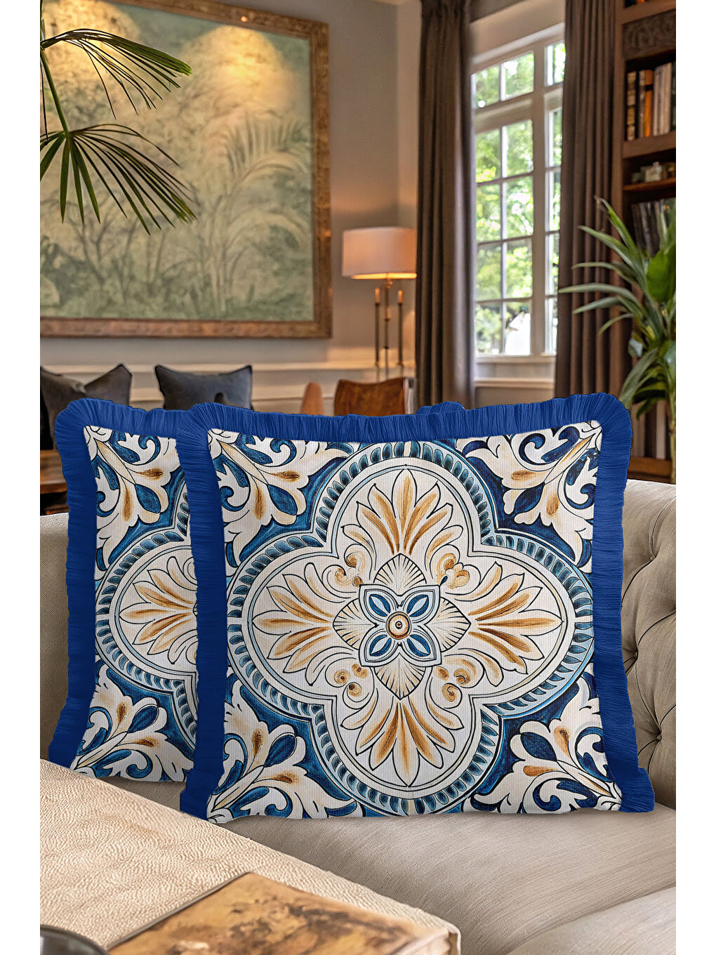 Karışık Barok Lüks Saçaklı Yastık Kılıfı - Akdeniz Esintili Klasik Mavi Altın Renkli Püsküllü Kırlent Kılıfı-7