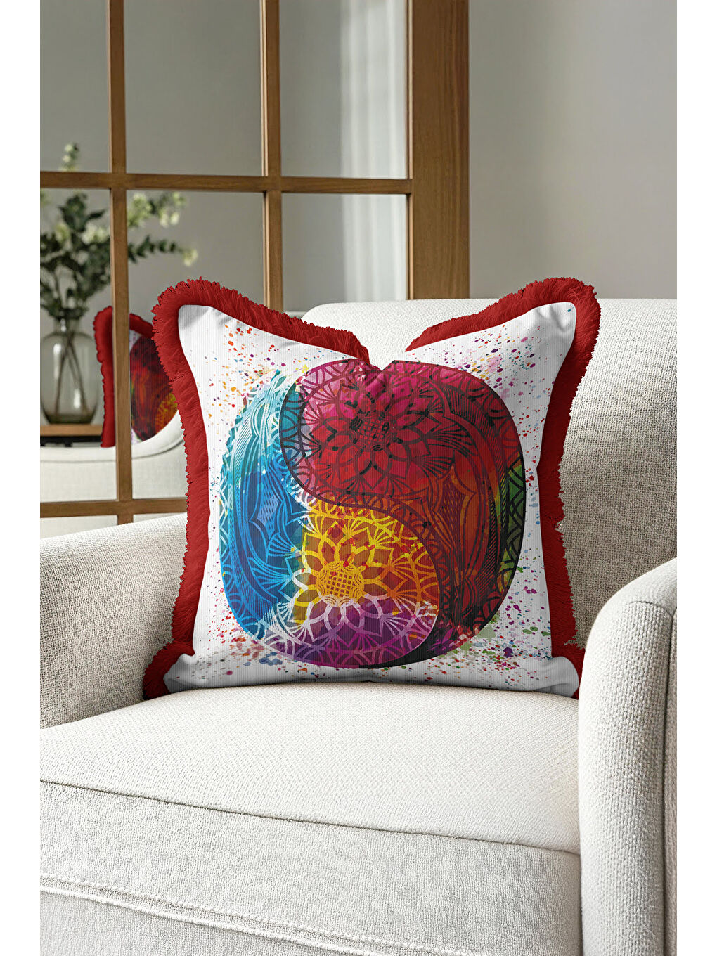 Karışık Mandala Enerji Saçaklı Yastık Kılıfı - Yin Yang Bohem Çok Renkli Kırmızı Püsküllü Kırlent Kılıfı