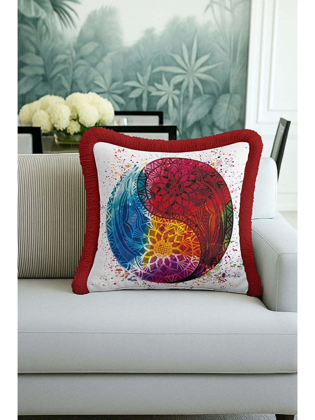 Karışık Mandala Enerji Saçaklı Yastık Kılıfı - Yin Yang Bohem Çok Renkli Kırmızı Püsküllü Kırlent Kılıfı-1
