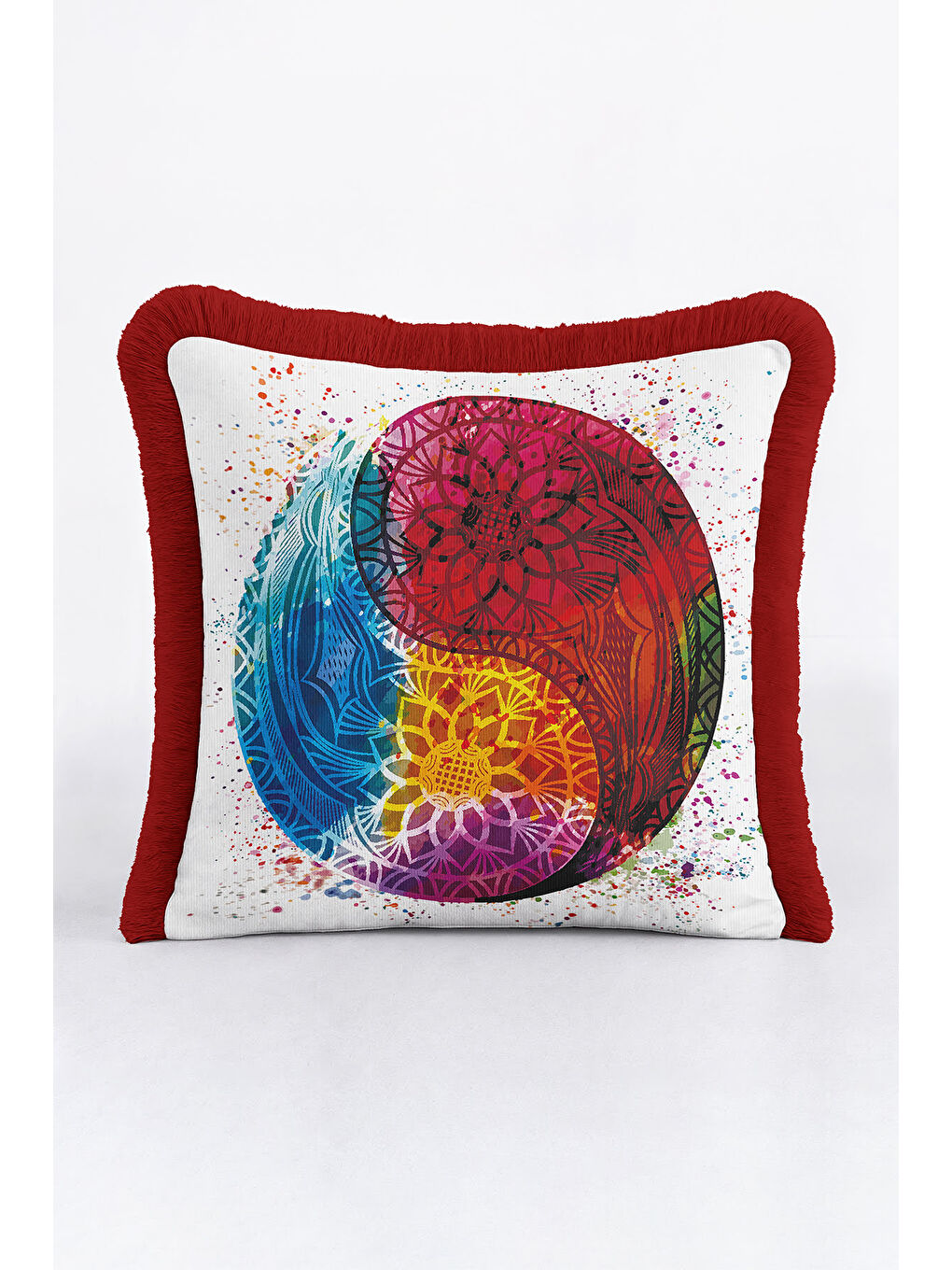 Karışık Mandala Enerji Saçaklı Yastık Kılıfı - Yin Yang Bohem Çok Renkli Kırmızı Püsküllü Kırlent Kılıfı-2