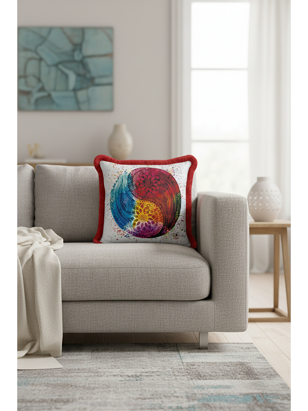 Karışık Mandala Enerji Saçaklı Yastık Kılıfı - Yin Yang Bohem Çok Renkli Kırmızı Püsküllü Kırlent Kılıfı-3