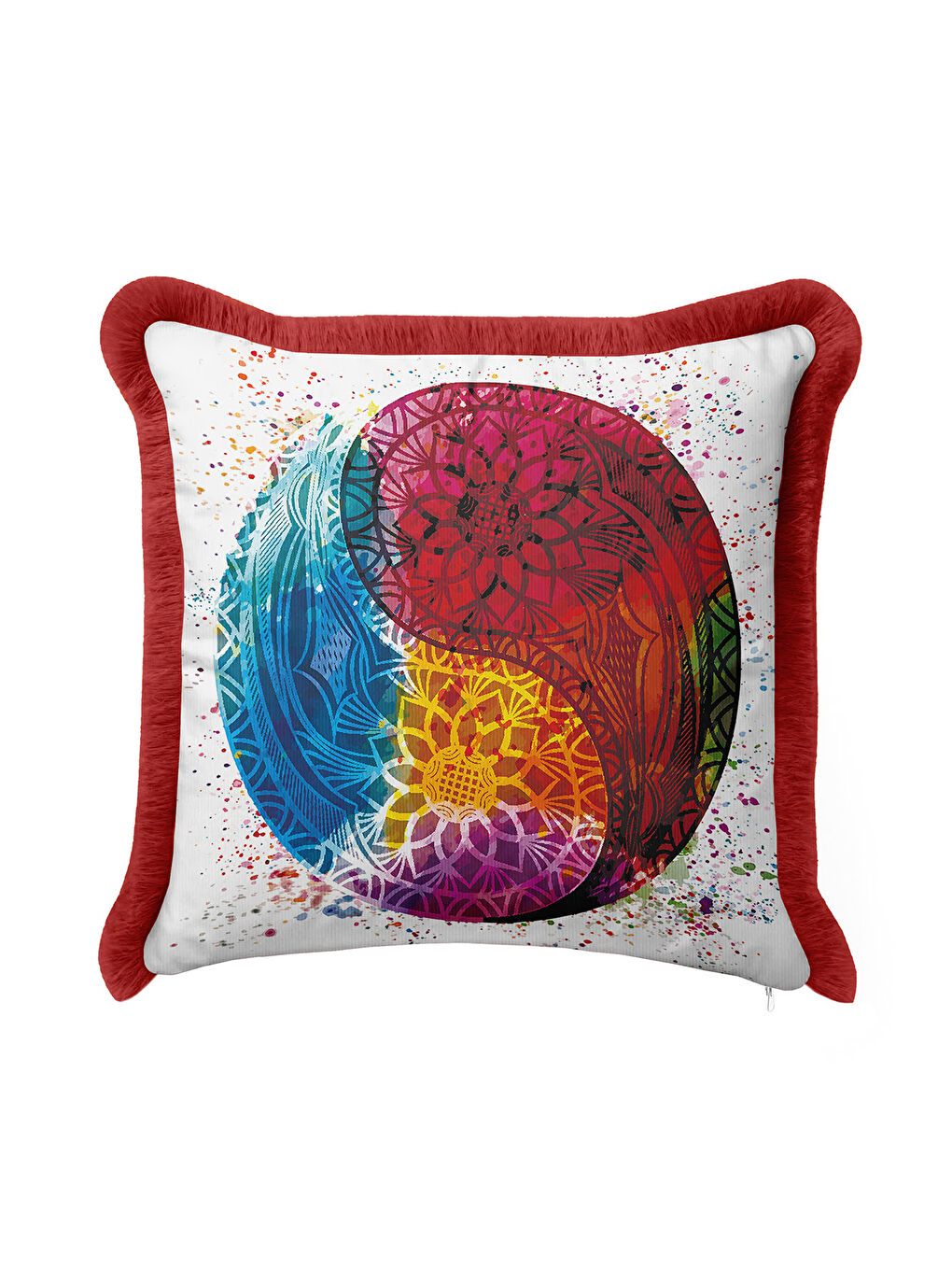 Karışık Mandala Enerji Saçaklı Yastık Kılıfı - Yin Yang Bohem Çok Renkli Kırmızı Püsküllü Kırlent Kılıfı-4