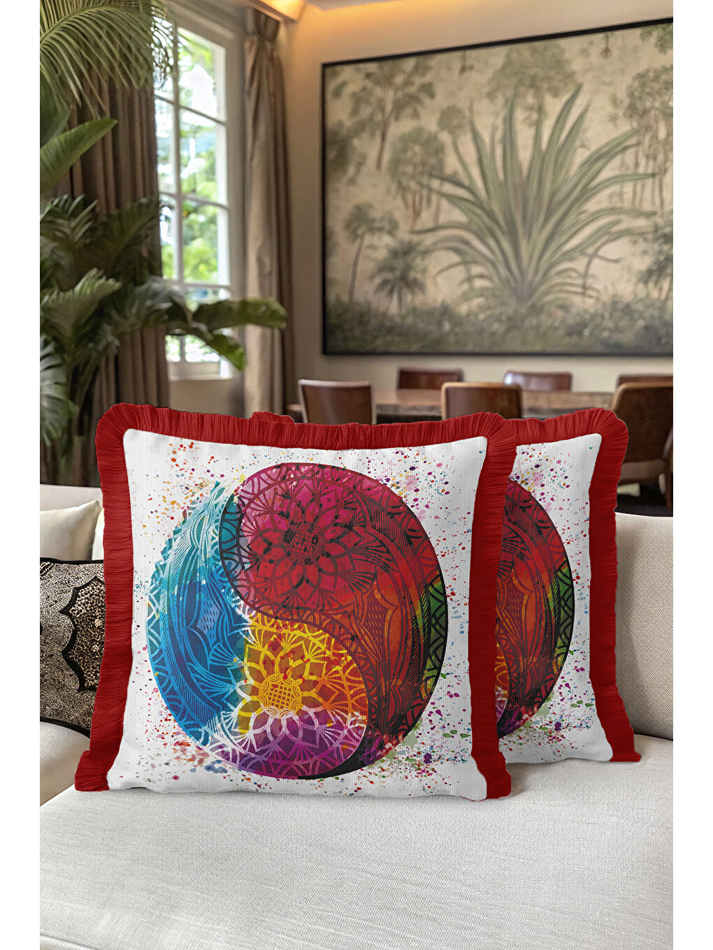 Karışık Mandala Enerji Saçaklı Yastık Kılıfı - Yin Yang Bohem Çok Renkli Kırmızı Püsküllü Kırlent Kılıfı-5