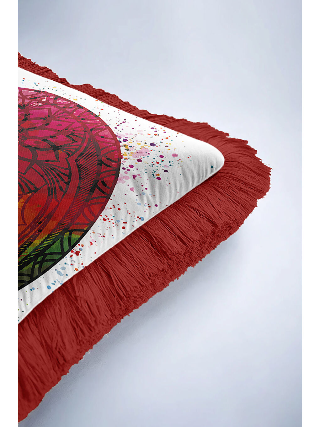 Karışık Mandala Enerji Saçaklı Yastık Kılıfı - Yin Yang Bohem Çok Renkli Kırmızı Püsküllü Kırlent Kılıfı-6