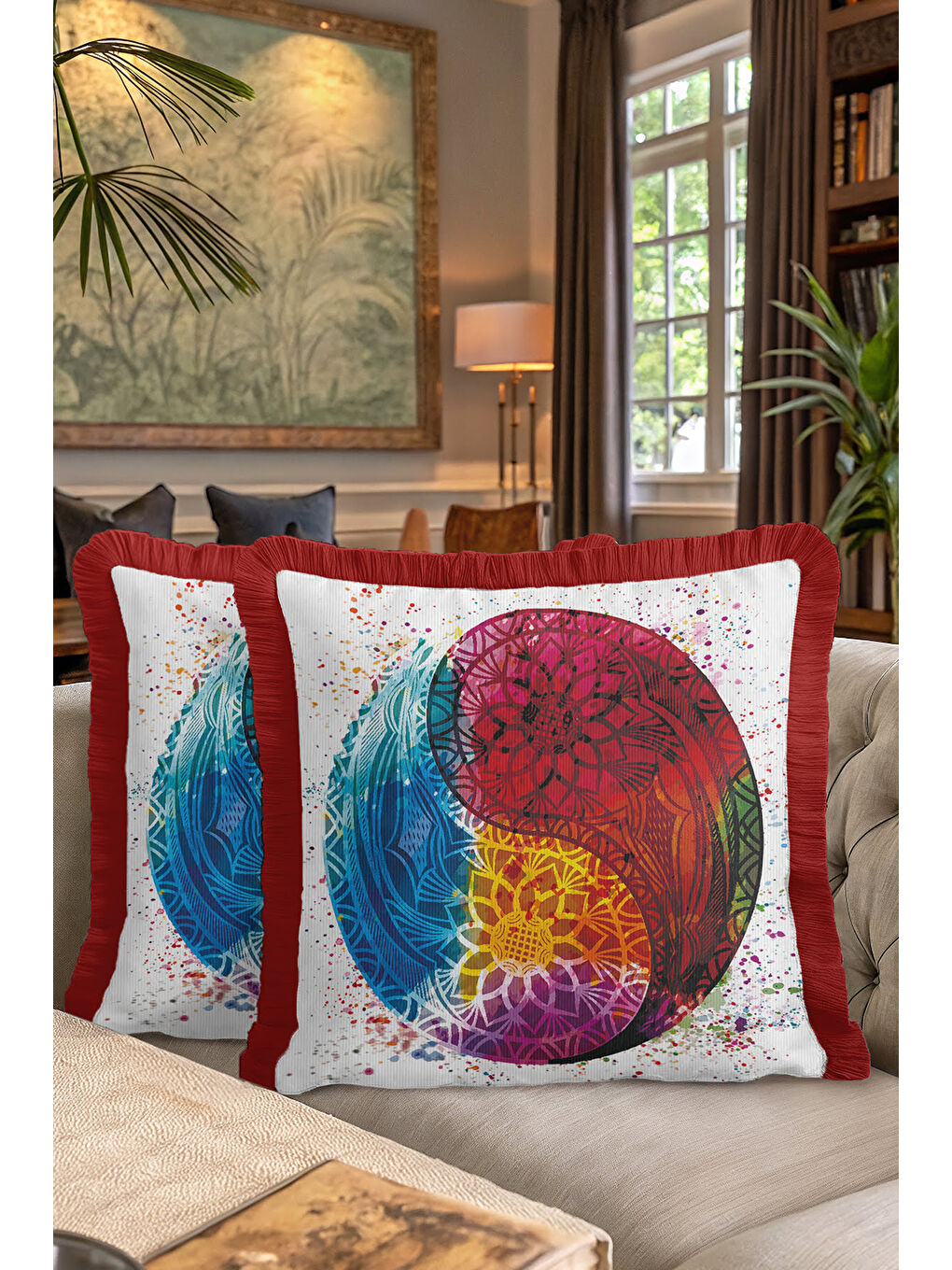 Karışık Mandala Enerji Saçaklı Yastık Kılıfı - Yin Yang Bohem Çok Renkli Kırmızı Püsküllü Kırlent Kılıfı-7