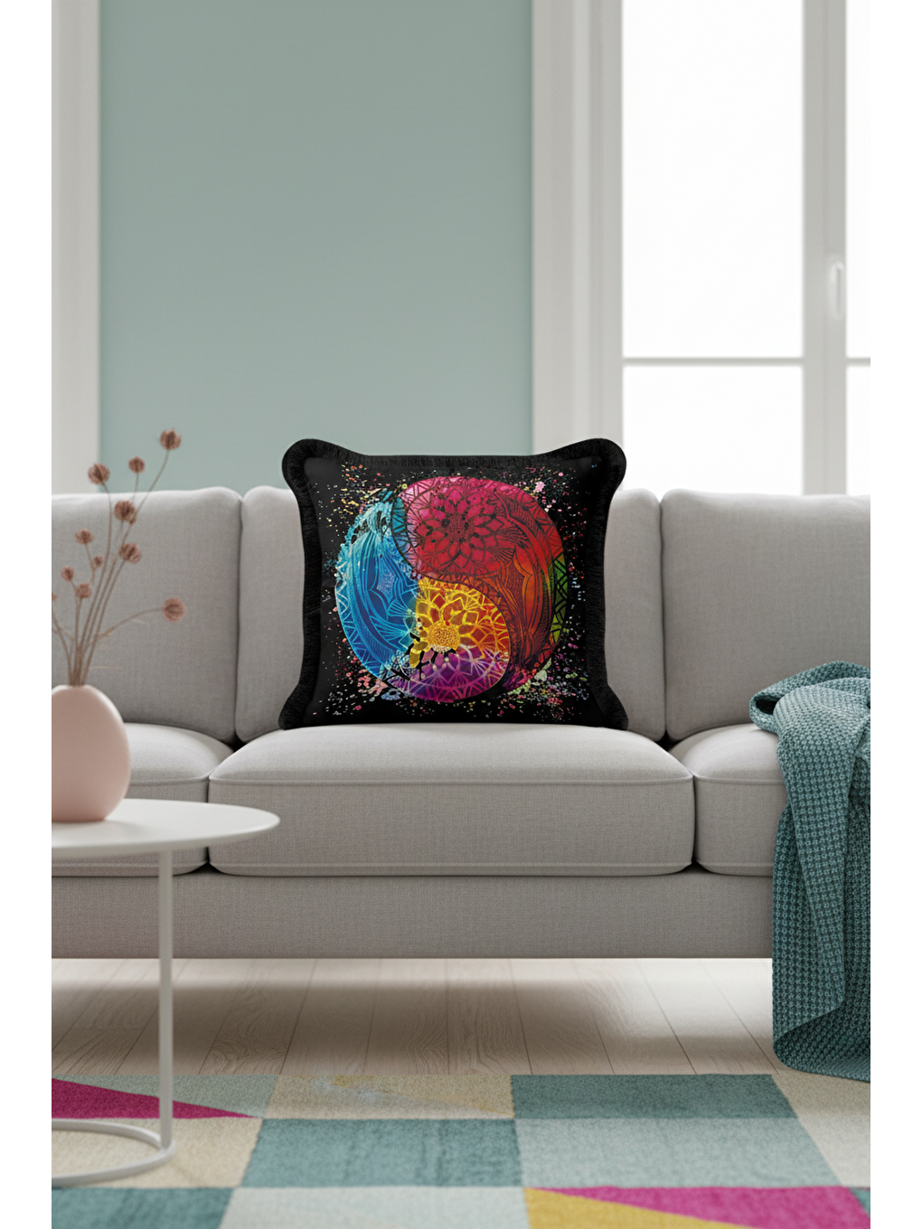 Karışık Mandala Renk Patlaması Saçaklı Yastık Kılıfı - Eklektik Enerji Siyah Püsküllü Kırlent Kılıfı-1