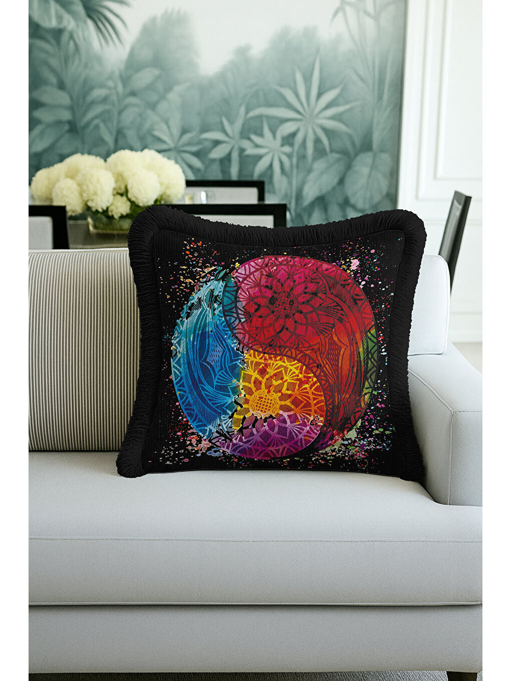 Karışık Mandala Renk Patlaması Saçaklı Yastık Kılıfı - Eklektik Enerji Siyah Püsküllü Kırlent Kılıfı-3