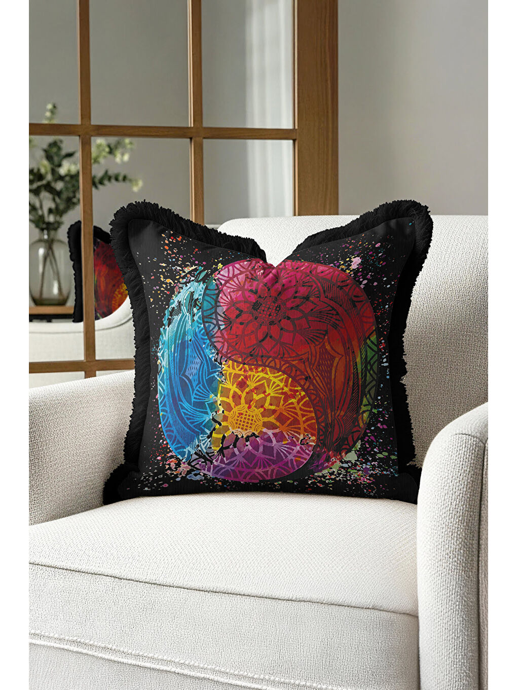 Karışık Mandala Renk Patlaması Saçaklı Yastık Kılıfı - Eklektik Enerji Siyah Püsküllü Kırlent Kılıfı-4