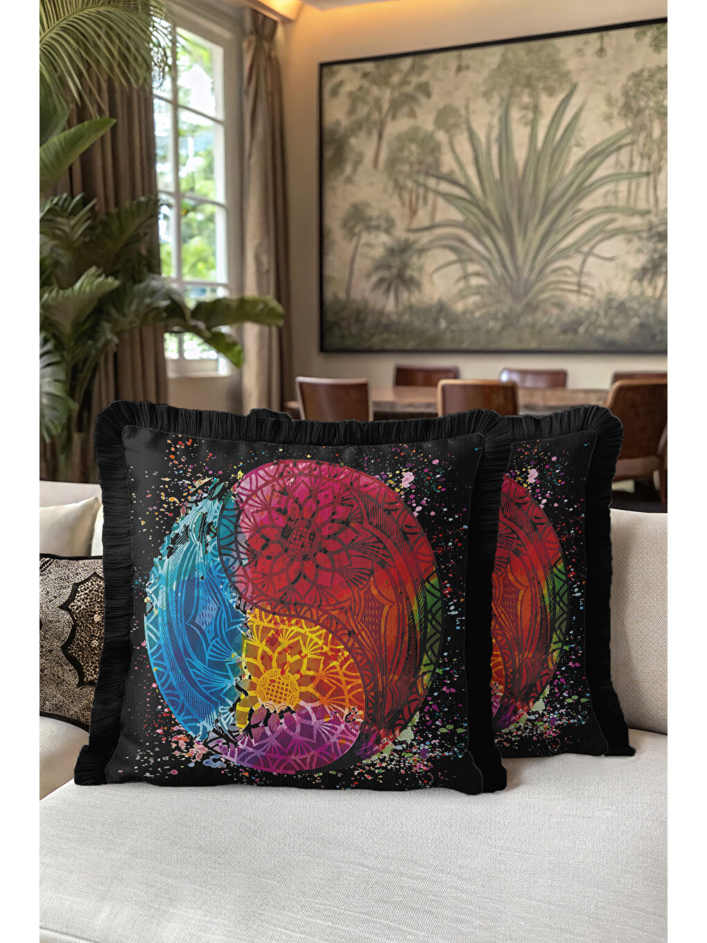 Karışık Mandala Renk Patlaması Saçaklı Yastık Kılıfı - Eklektik Enerji Siyah Püsküllü Kırlent Kılıfı-5