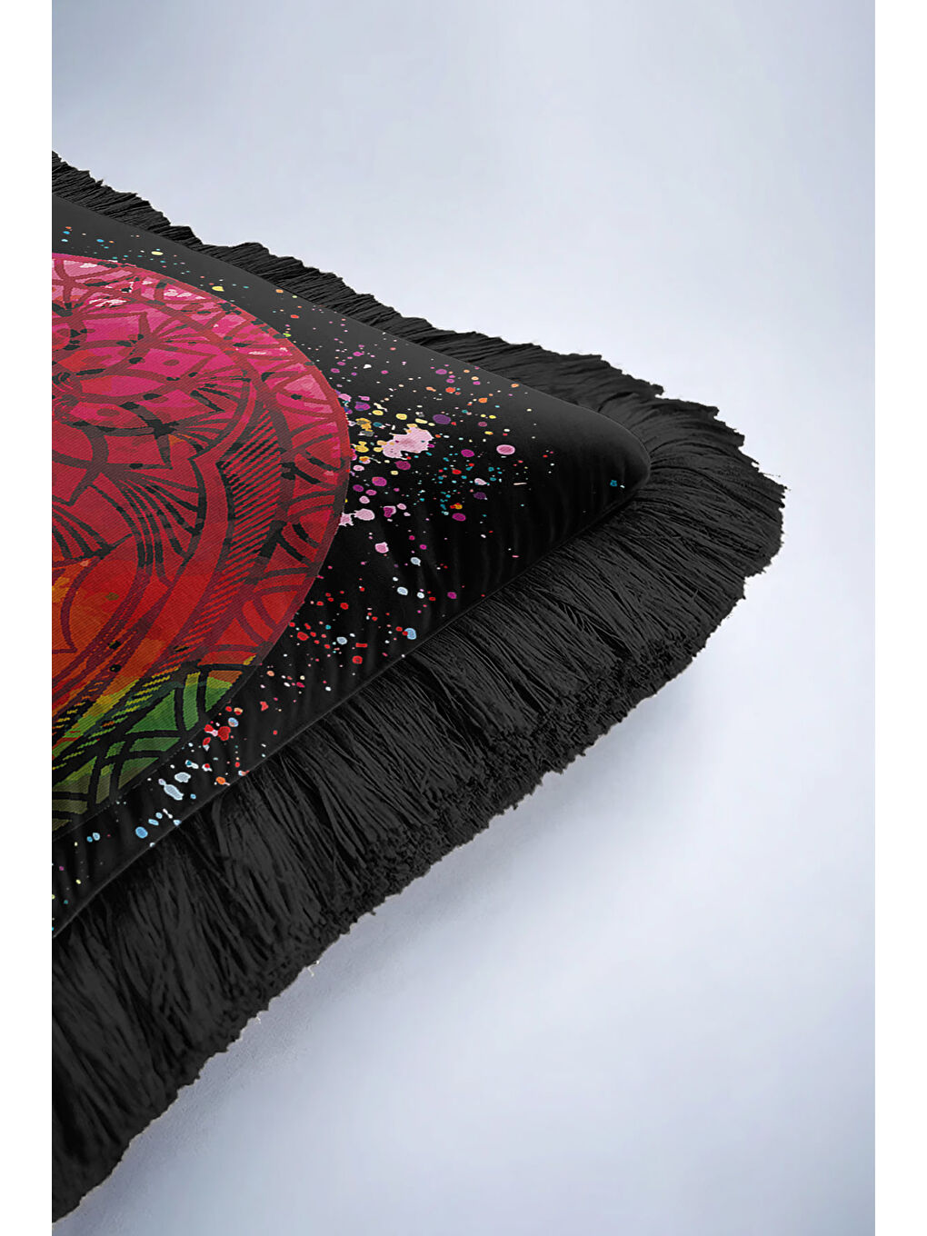 Karışık Mandala Renk Patlaması Saçaklı Yastık Kılıfı - Eklektik Enerji Siyah Püsküllü Kırlent Kılıfı-6