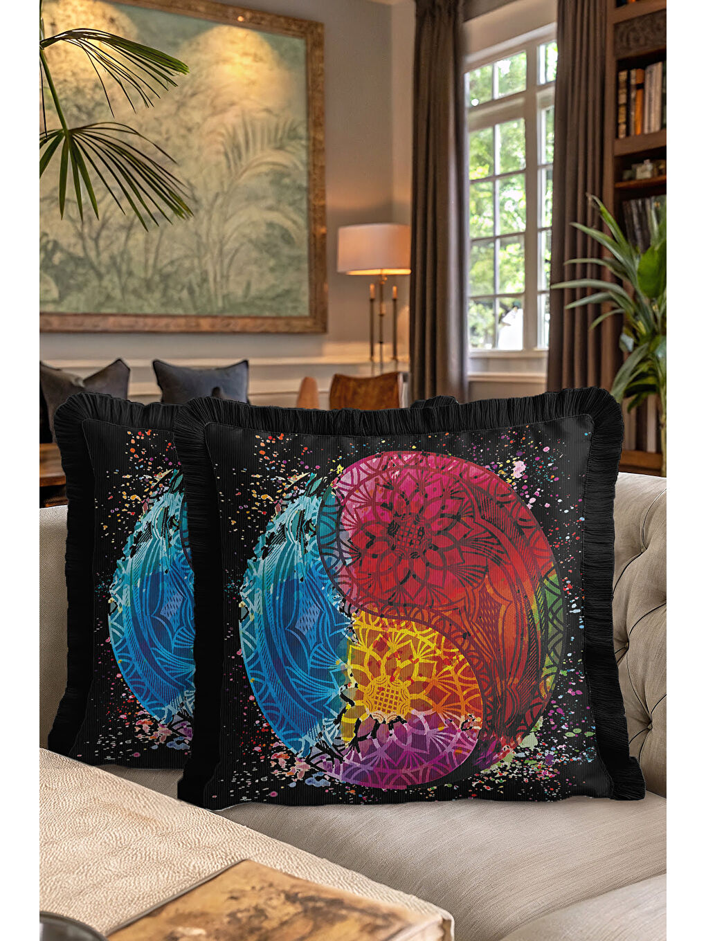 Karışık Mandala Renk Patlaması Saçaklı Yastık Kılıfı - Eklektik Enerji Siyah Püsküllü Kırlent Kılıfı-7