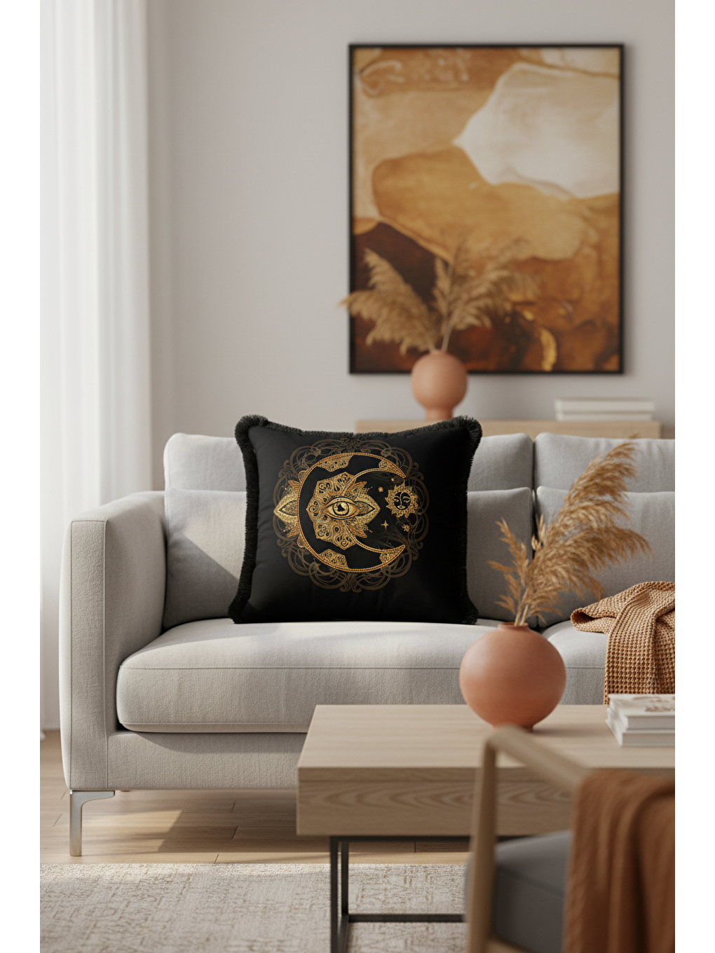 Karışık Mistik Mandala Saçaklı Yastık Kılıfı - Ay Göz Motifli Bohem Siyah Altın Renk Püsküllü Kırlent Kılıfı