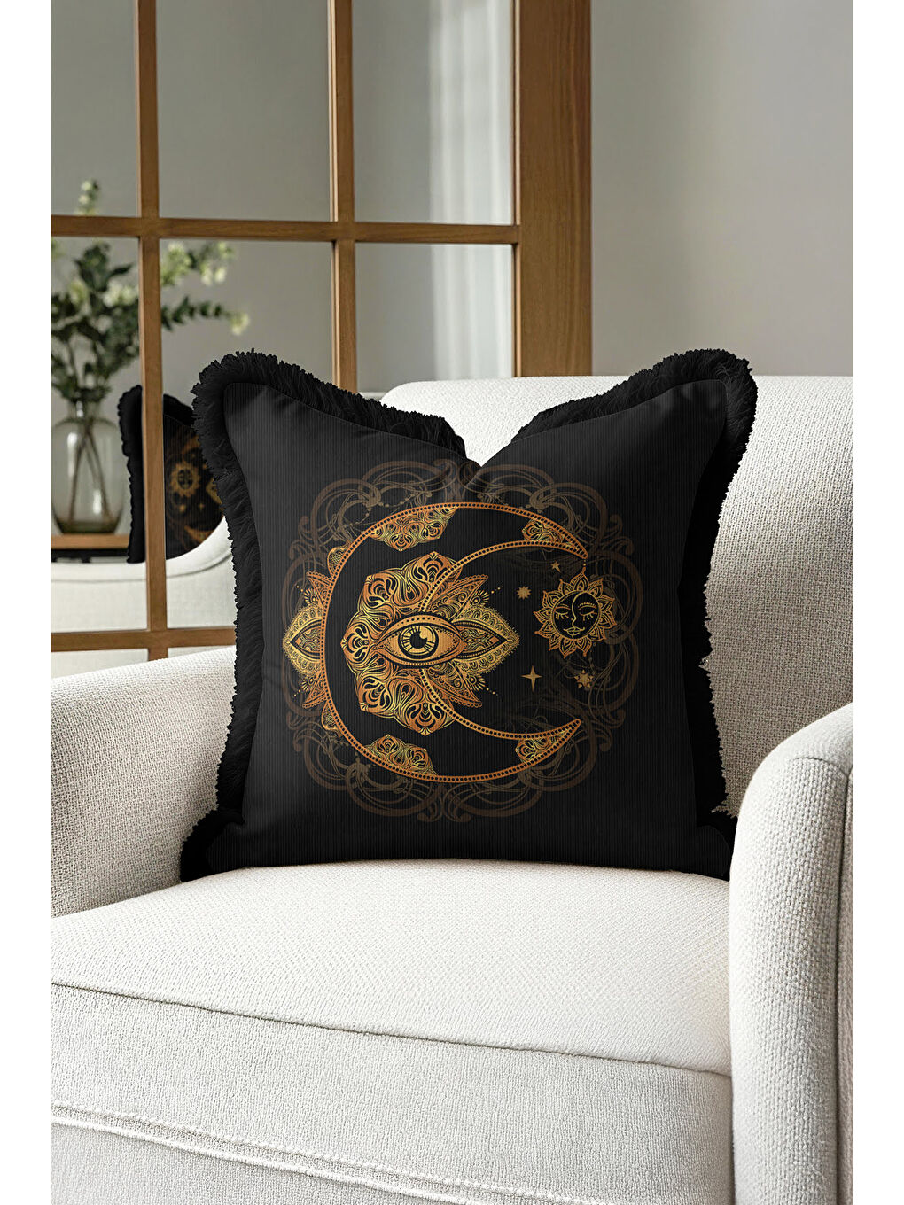 Karışık Mistik Mandala Saçaklı Yastık Kılıfı - Ay Göz Motifli Bohem Siyah Altın Renk Püsküllü Kırlent Kılıfı-1
