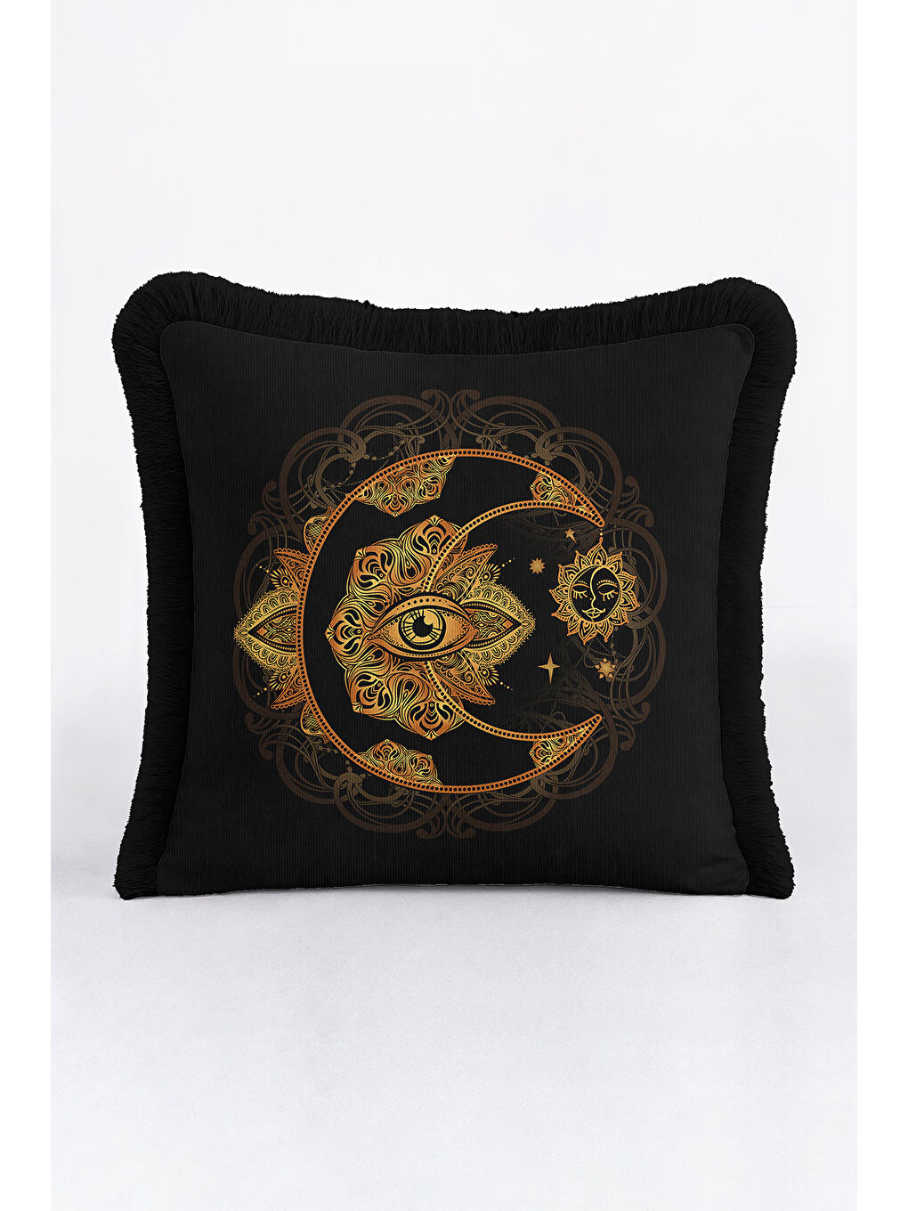 Karışık Mistik Mandala Saçaklı Yastık Kılıfı - Ay Göz Motifli Bohem Siyah Altın Renk Püsküllü Kırlent Kılıfı-2