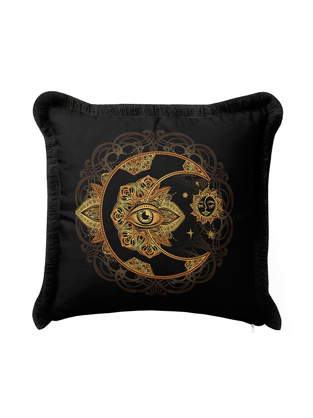 Karışık Mistik Mandala Saçaklı Yastık Kılıfı - Ay Göz Motifli Bohem Siyah Altın Renk Püsküllü Kırlent Kılıfı-3