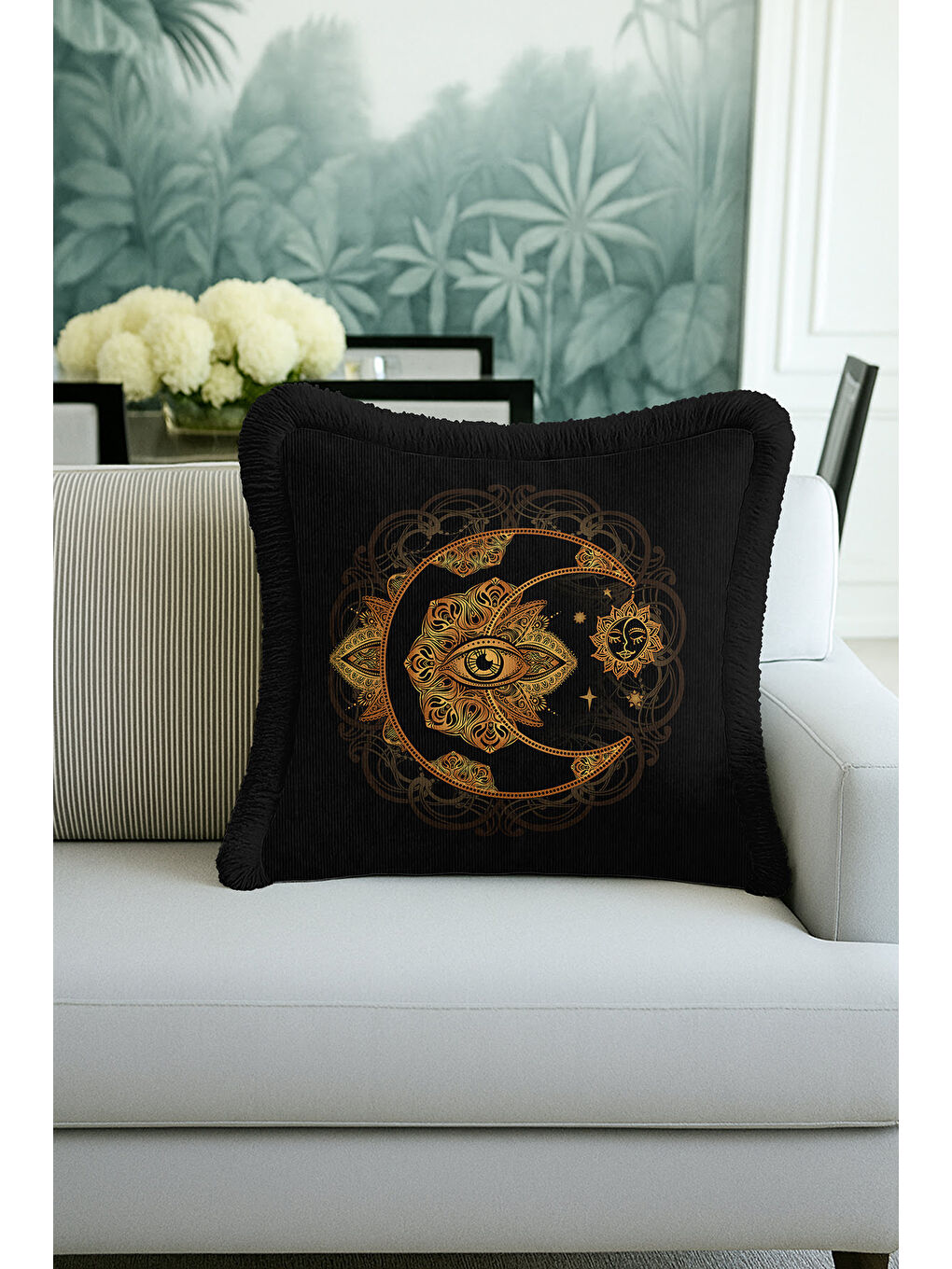 Karışık Mistik Mandala Saçaklı Yastık Kılıfı - Ay Göz Motifli Bohem Siyah Altın Renk Püsküllü Kırlent Kılıfı-4