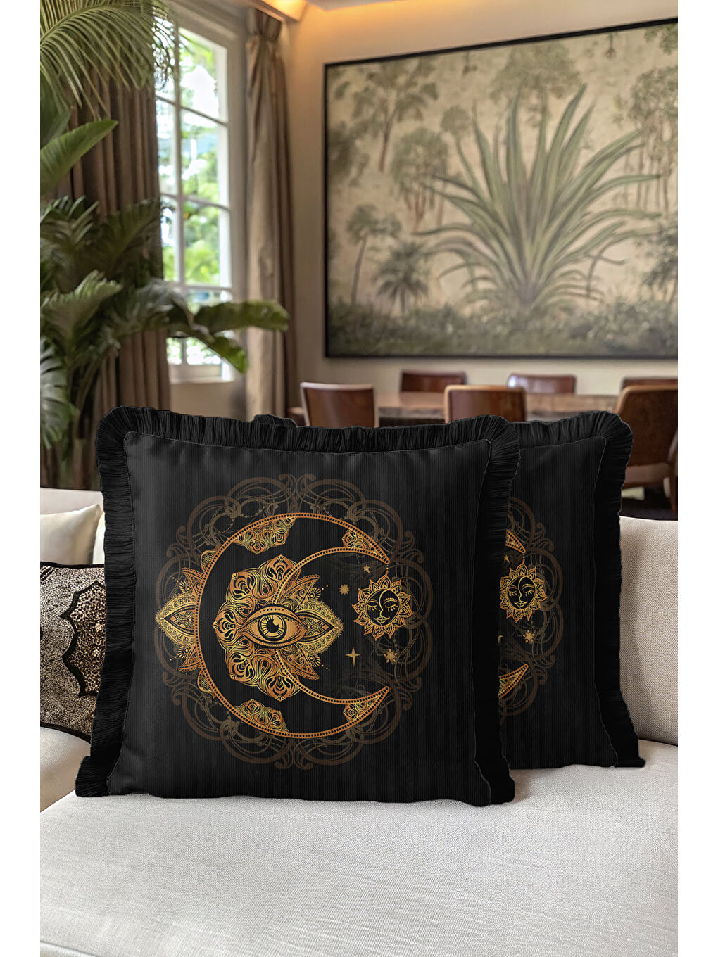 Karışık Mistik Mandala Saçaklı Yastık Kılıfı - Ay Göz Motifli Bohem Siyah Altın Renk Püsküllü Kırlent Kılıfı-5