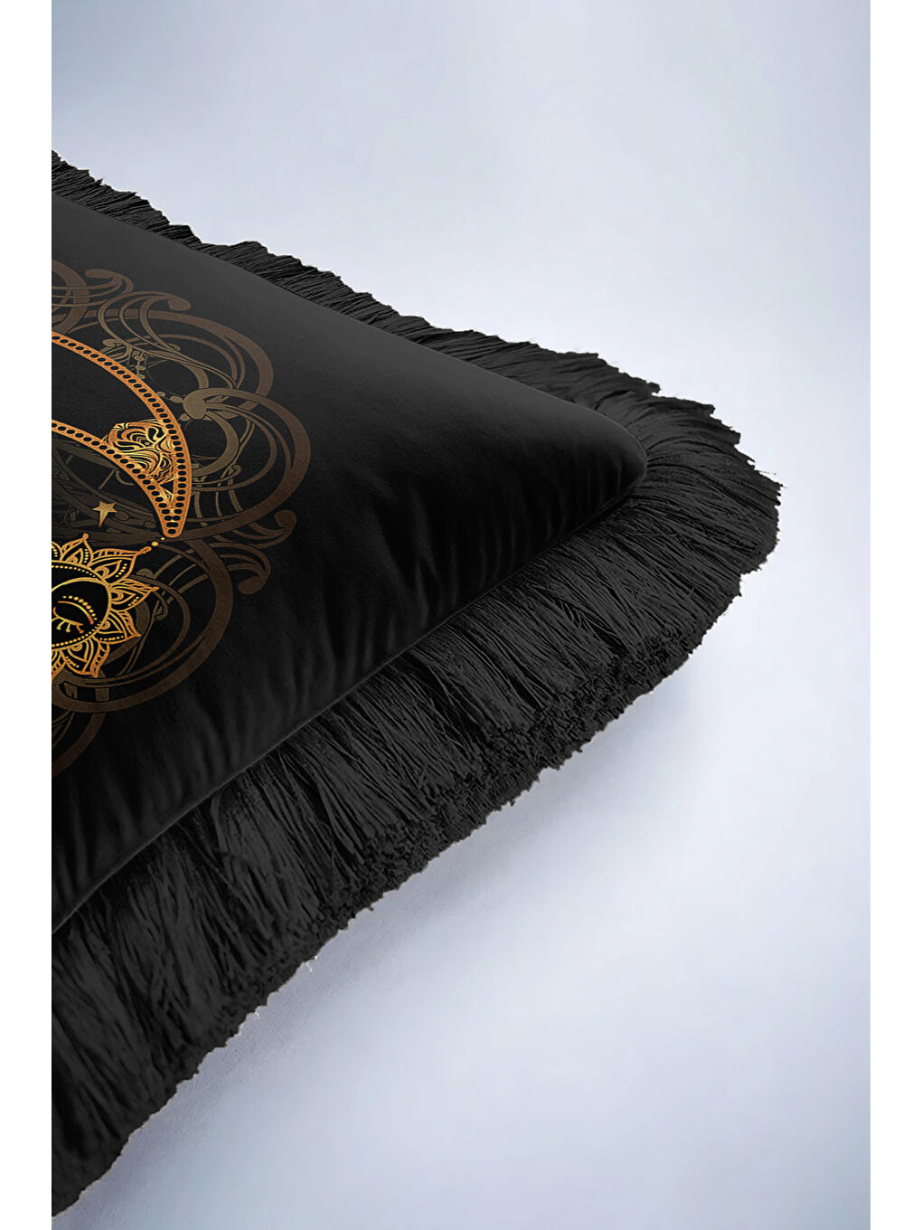 Karışık Mistik Mandala Saçaklı Yastık Kılıfı - Ay Göz Motifli Bohem Siyah Altın Renk Püsküllü Kırlent Kılıfı-6