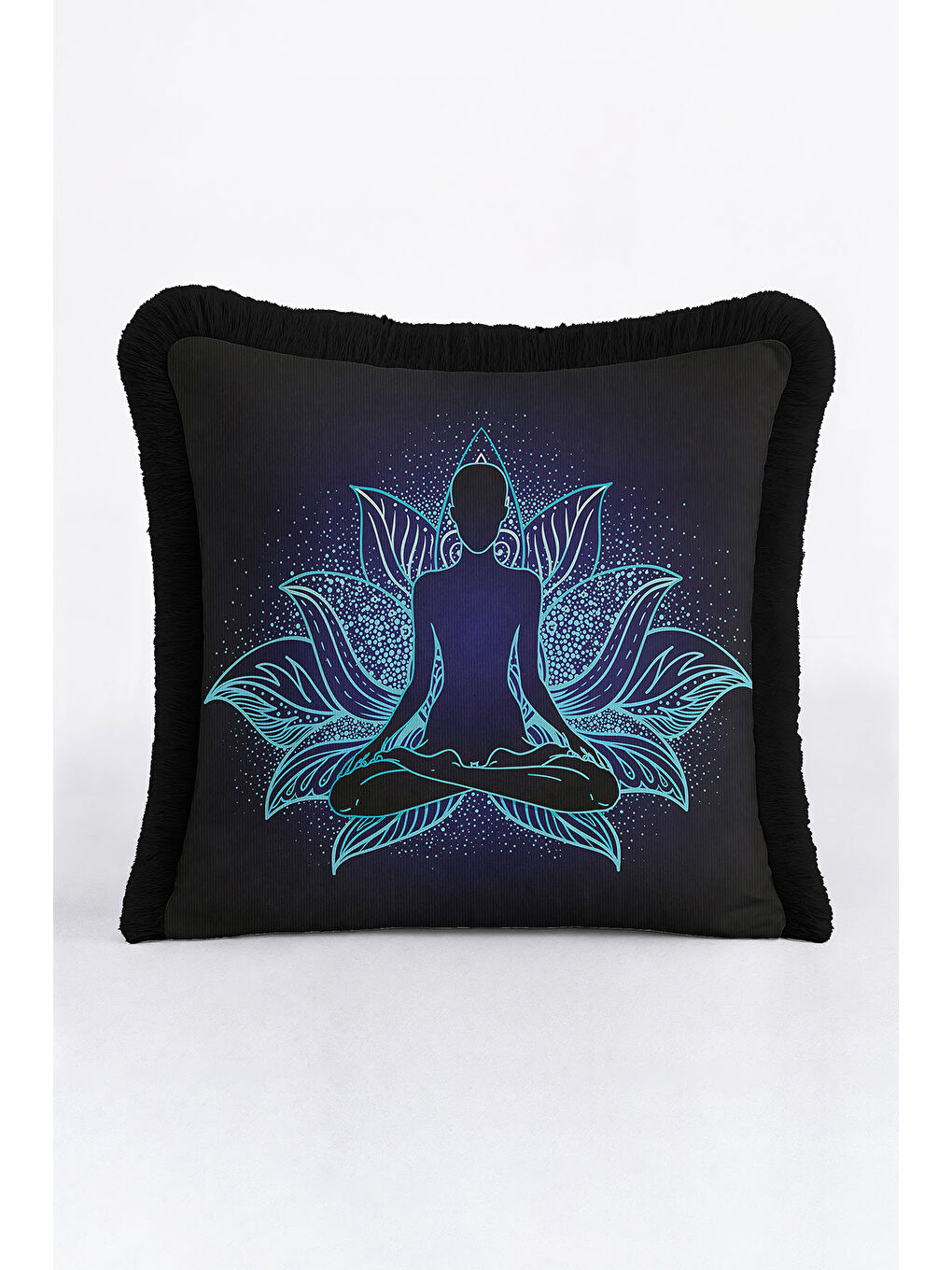Karışık Lotus Mandala Saçaklı Yastık Kılıfı - Meditasyon Temalı Bohem Siyah Püsküllü Kırlent Kılıfı
