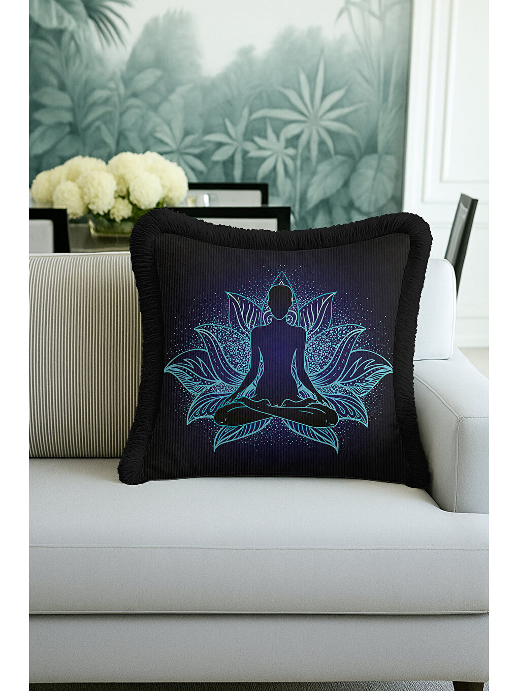 Karışık Lotus Mandala Saçaklı Yastık Kılıfı - Meditasyon Temalı Bohem Siyah Püsküllü Kırlent Kılıfı-2