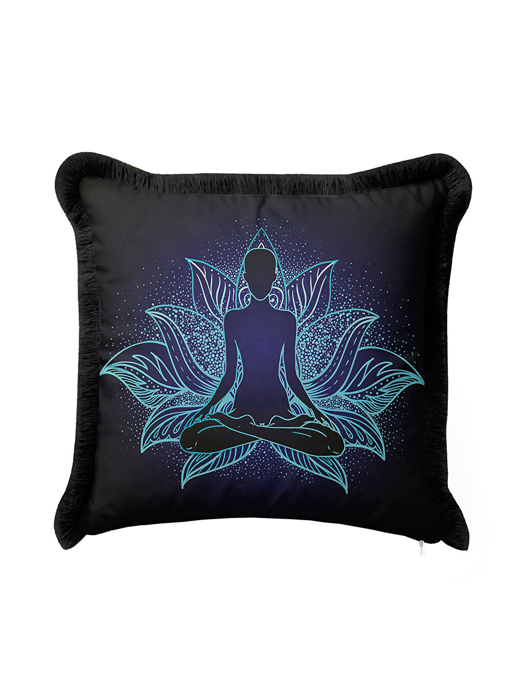 Karışık Lotus Mandala Saçaklı Yastık Kılıfı - Meditasyon Temalı Bohem Siyah Püsküllü Kırlent Kılıfı-3