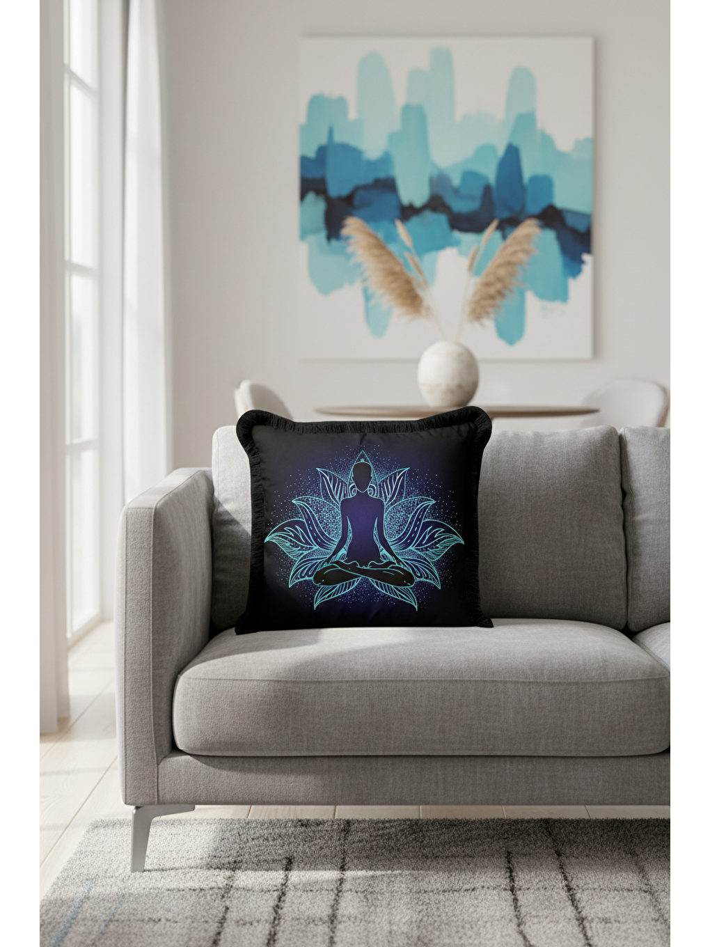 Karışık Lotus Mandala Saçaklı Yastık Kılıfı - Meditasyon Temalı Bohem Siyah Püsküllü Kırlent Kılıfı-4