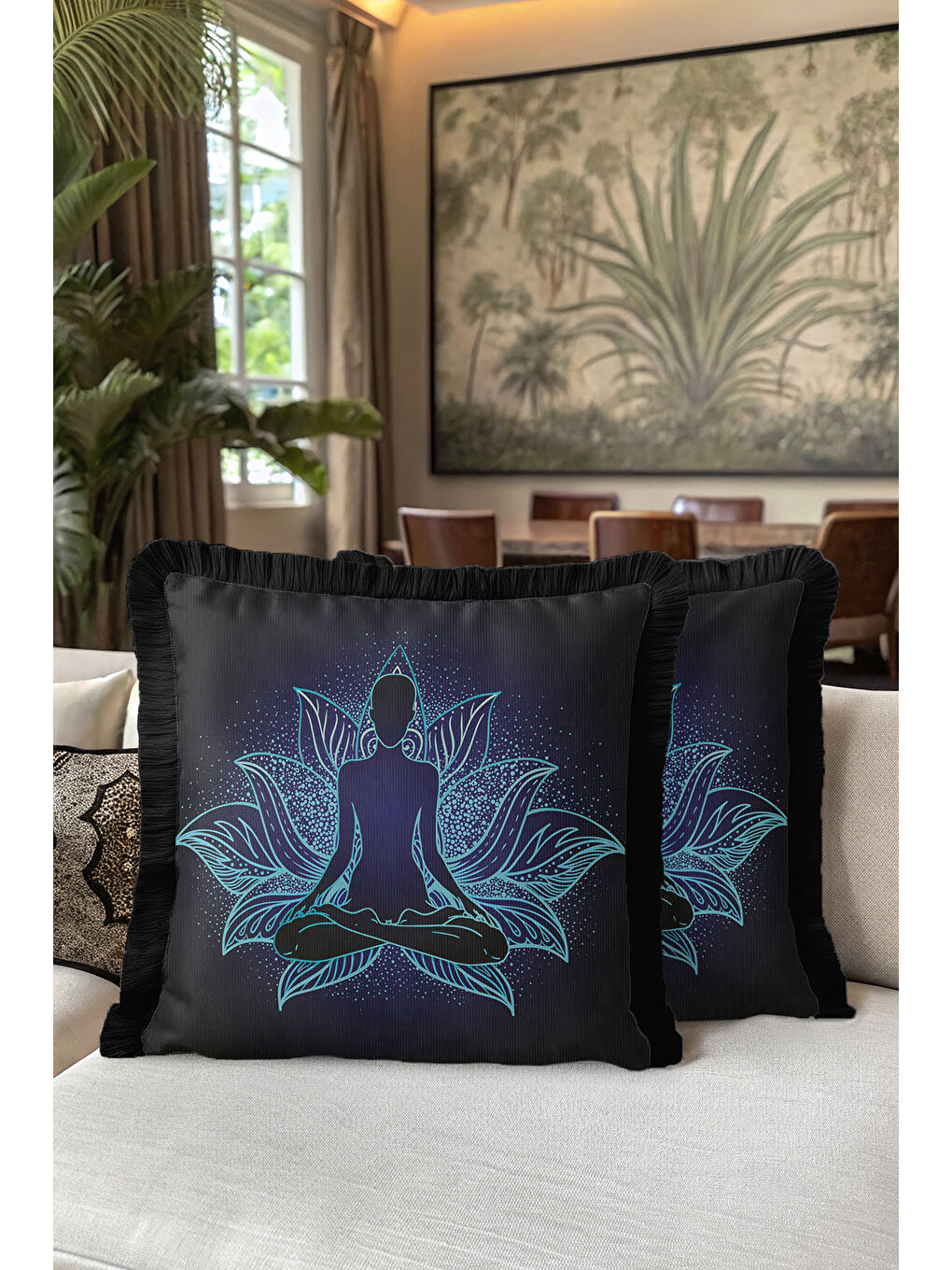 Karışık Lotus Mandala Saçaklı Yastık Kılıfı - Meditasyon Temalı Bohem Siyah Püsküllü Kırlent Kılıfı-5