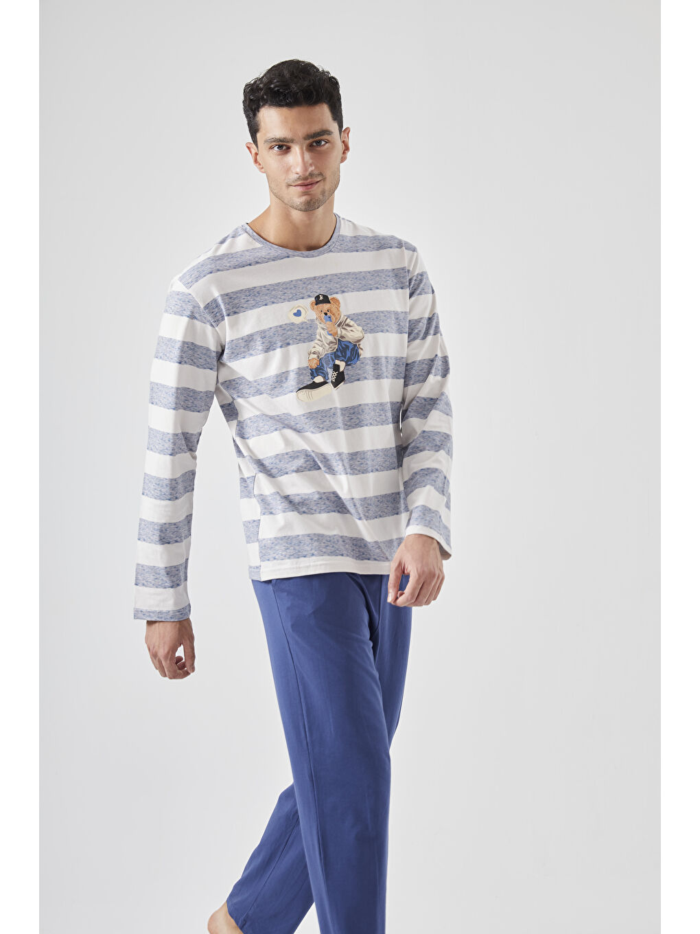 Lacivert Erkek Pamuklu Uzun Kollu Üst Ayıcık Baskılı %100 Pamuk Pijama Takımı - S000440166-37344 |-1