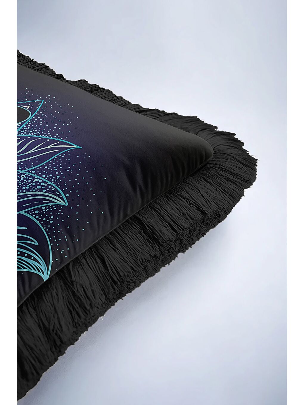 Karışık Lotus Mandala Saçaklı Yastık Kılıfı - Meditasyon Temalı Bohem Siyah Püsküllü Kırlent Kılıfı-6