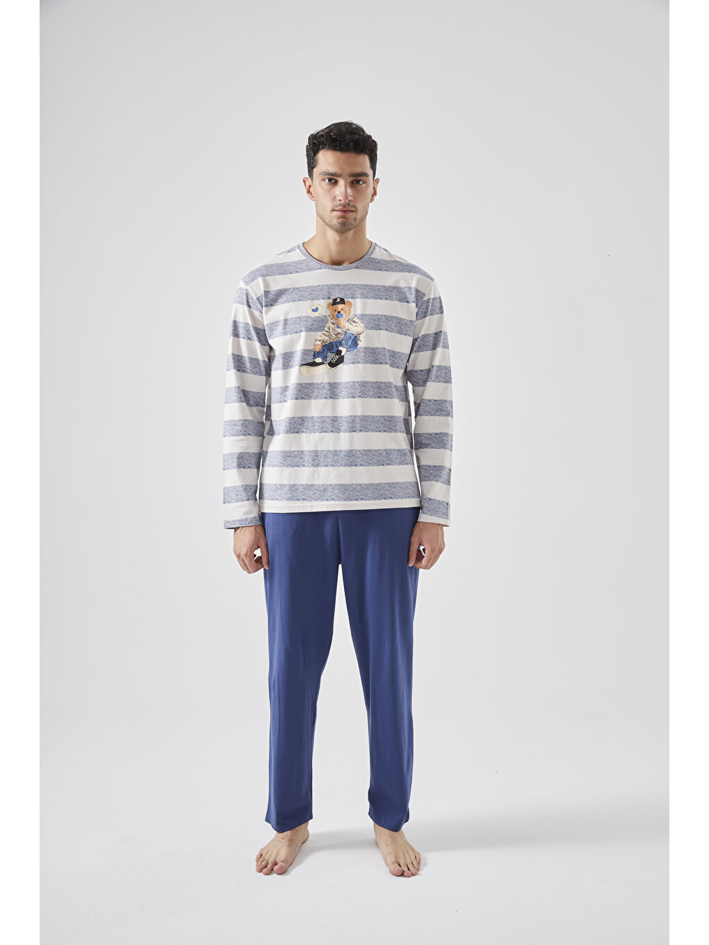 Lacivert Erkek Pamuklu Uzun Kollu Üst Ayıcık Baskılı %100 Pamuk Pijama Takımı - S000440166-37344 |-2