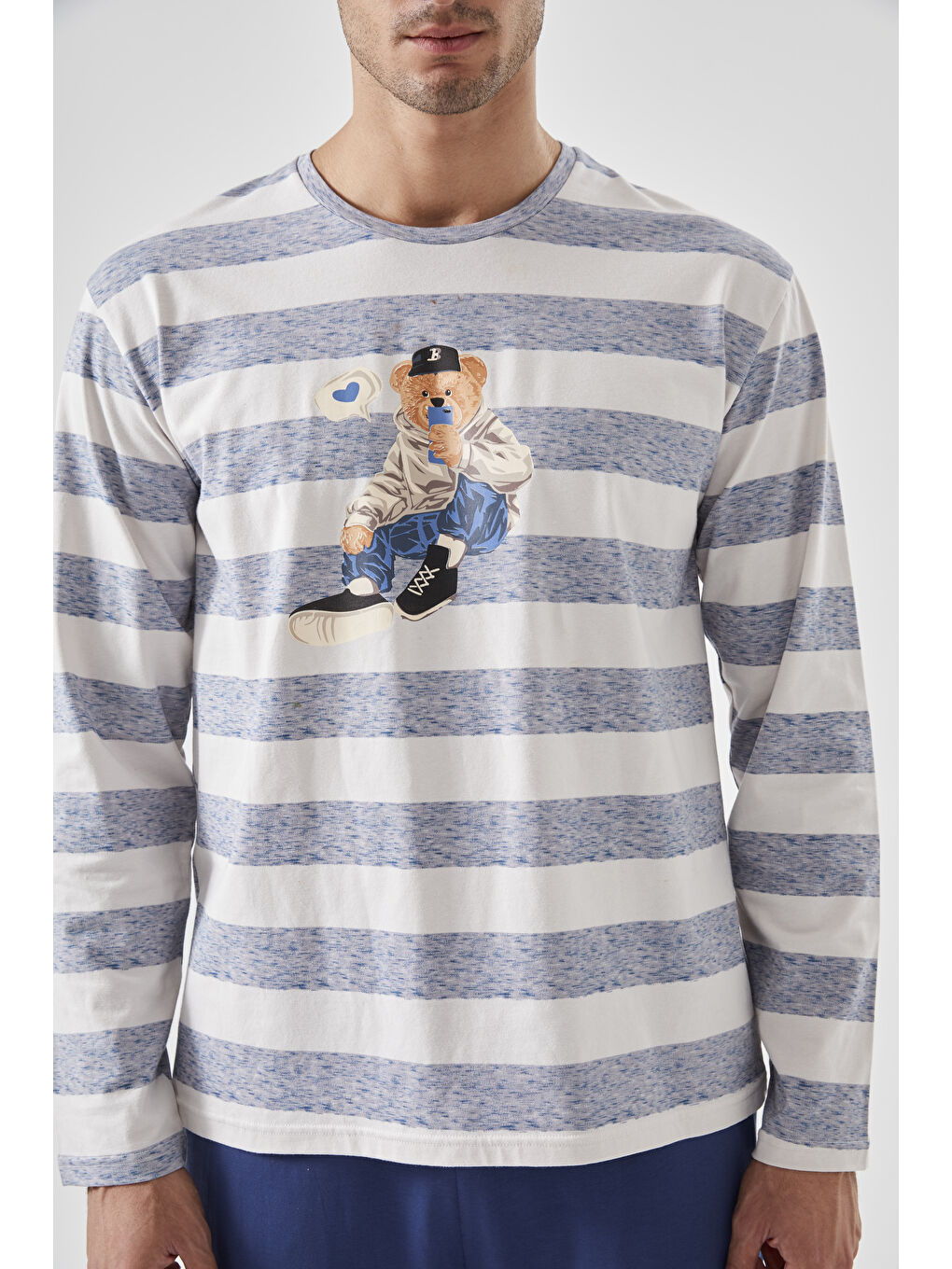 Lacivert Erkek Pamuklu Uzun Kollu Üst Ayıcık Baskılı %100 Pamuk Pijama Takımı - S000440166-37344 |-3