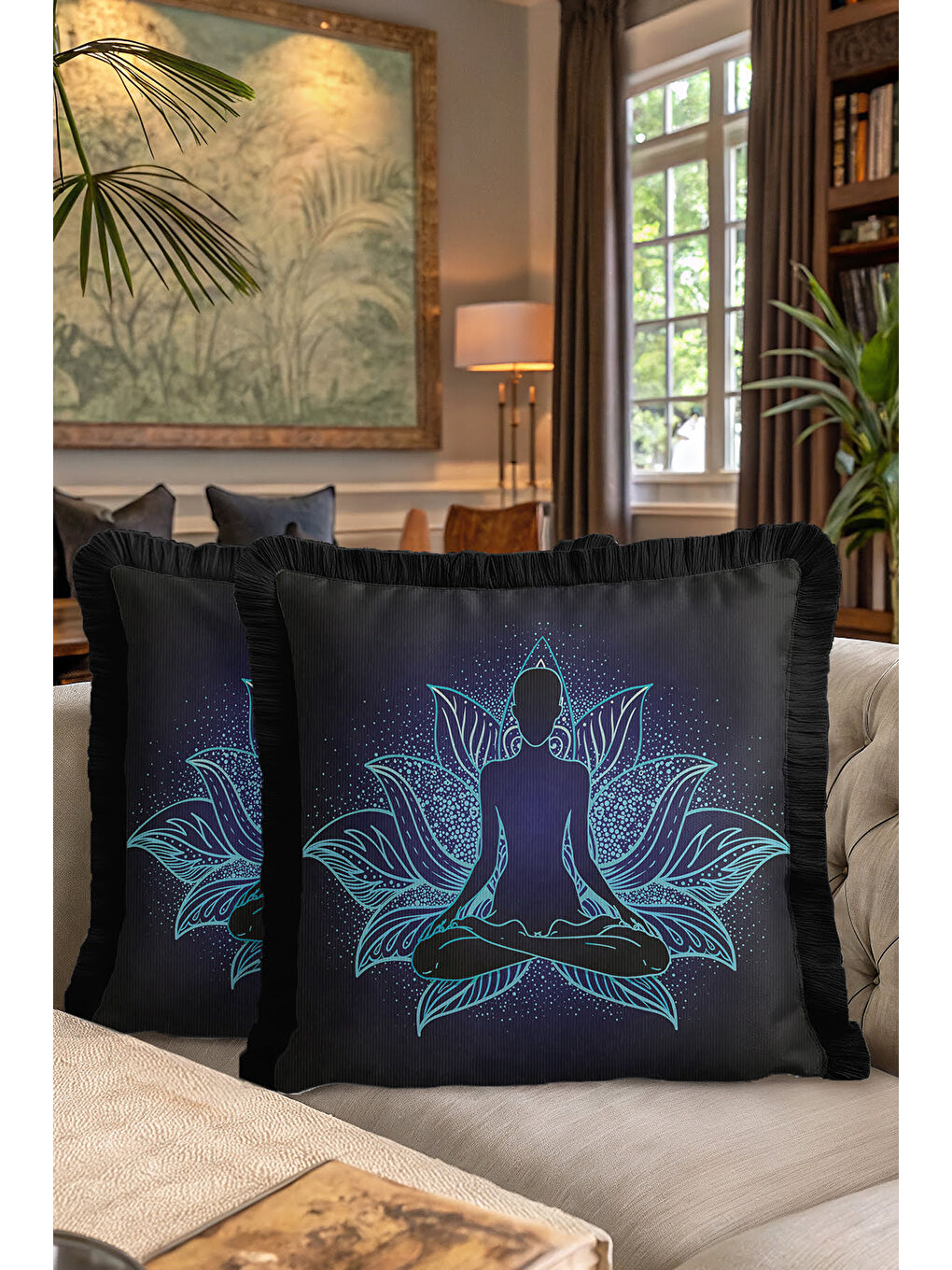 Karışık Lotus Mandala Saçaklı Yastık Kılıfı - Meditasyon Temalı Bohem Siyah Püsküllü Kırlent Kılıfı-7