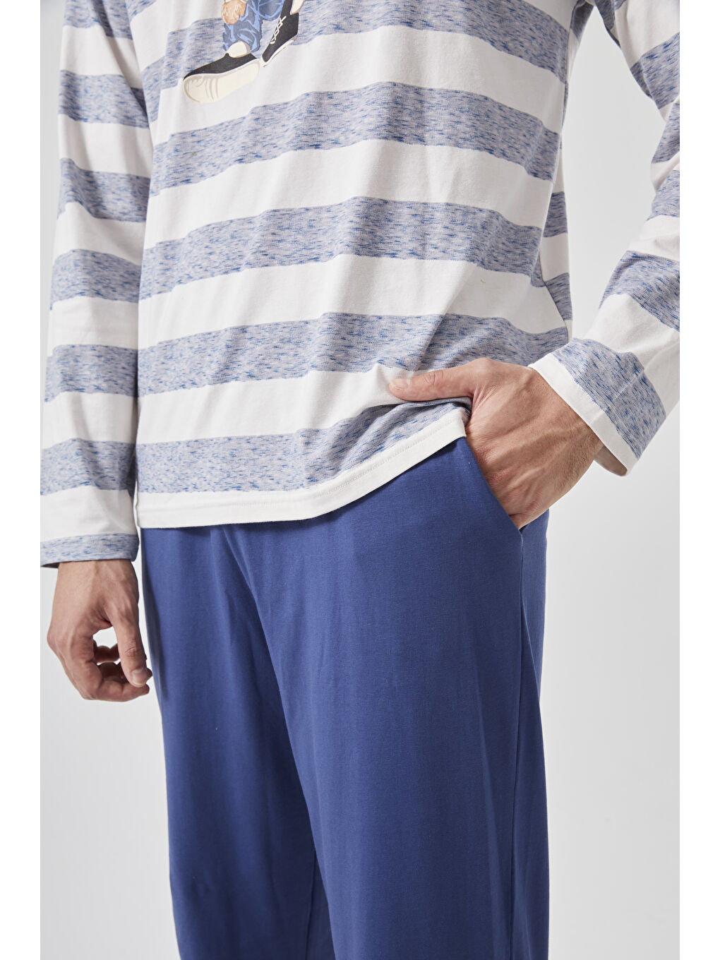 Lacivert Erkek Pamuklu Uzun Kollu Üst Ayıcık Baskılı %100 Pamuk Pijama Takımı - S000440166-37344 |-4