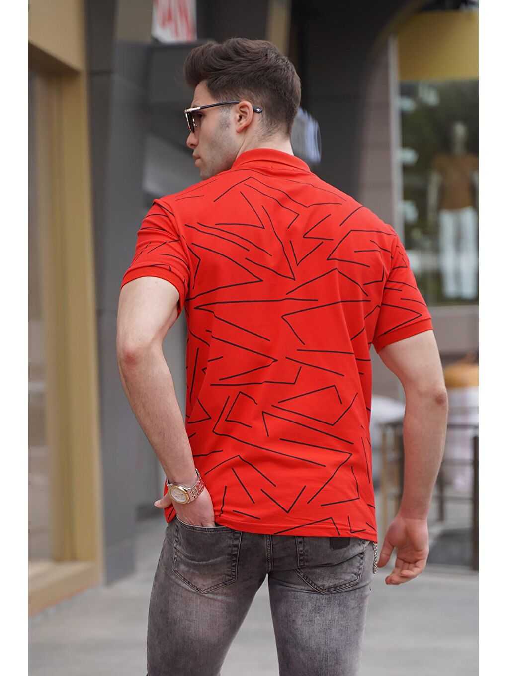 Erkek Polo Yaka Kırmızı Desenli Tişört 5817-1