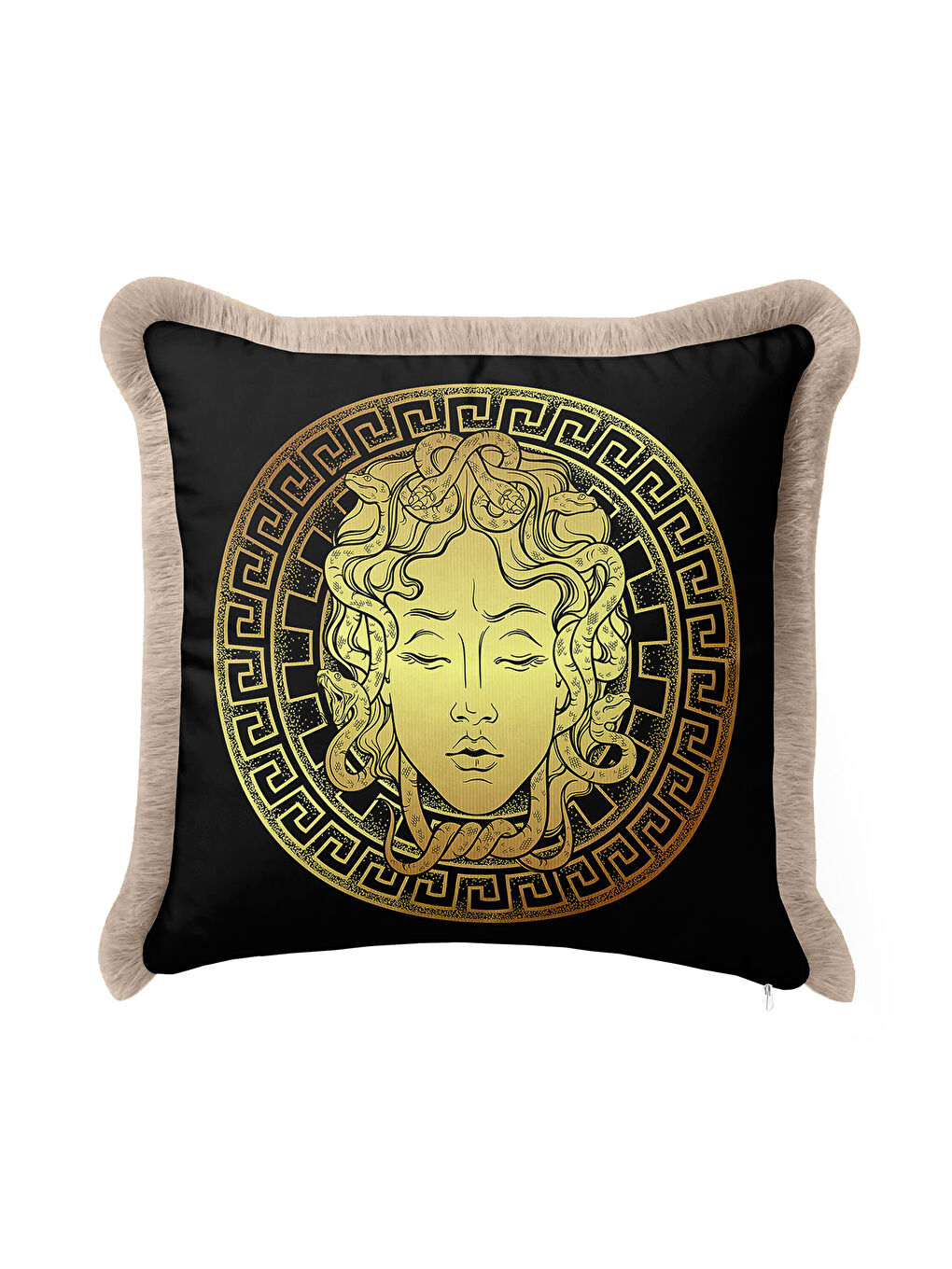 Karışık Mitolojik Medusa Motifli Saçaklı Yastık Kılıfı - Klasik Lüks Siyah Gold Renk Püsküllü Kırlent Kılıfı-2