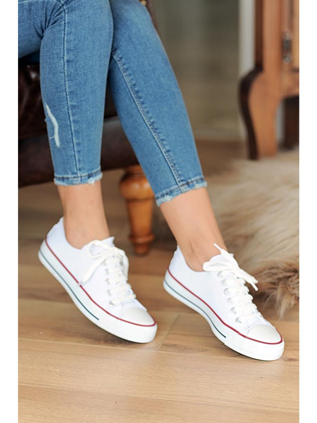 Beyaz Bağcıklı Rahat Taban Keten Kadın Sneaker A3232-20