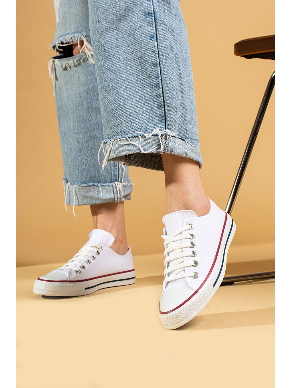 Beyaz Bağcıklı Rahat Taban Keten Kadın Sneaker A3232-20-1