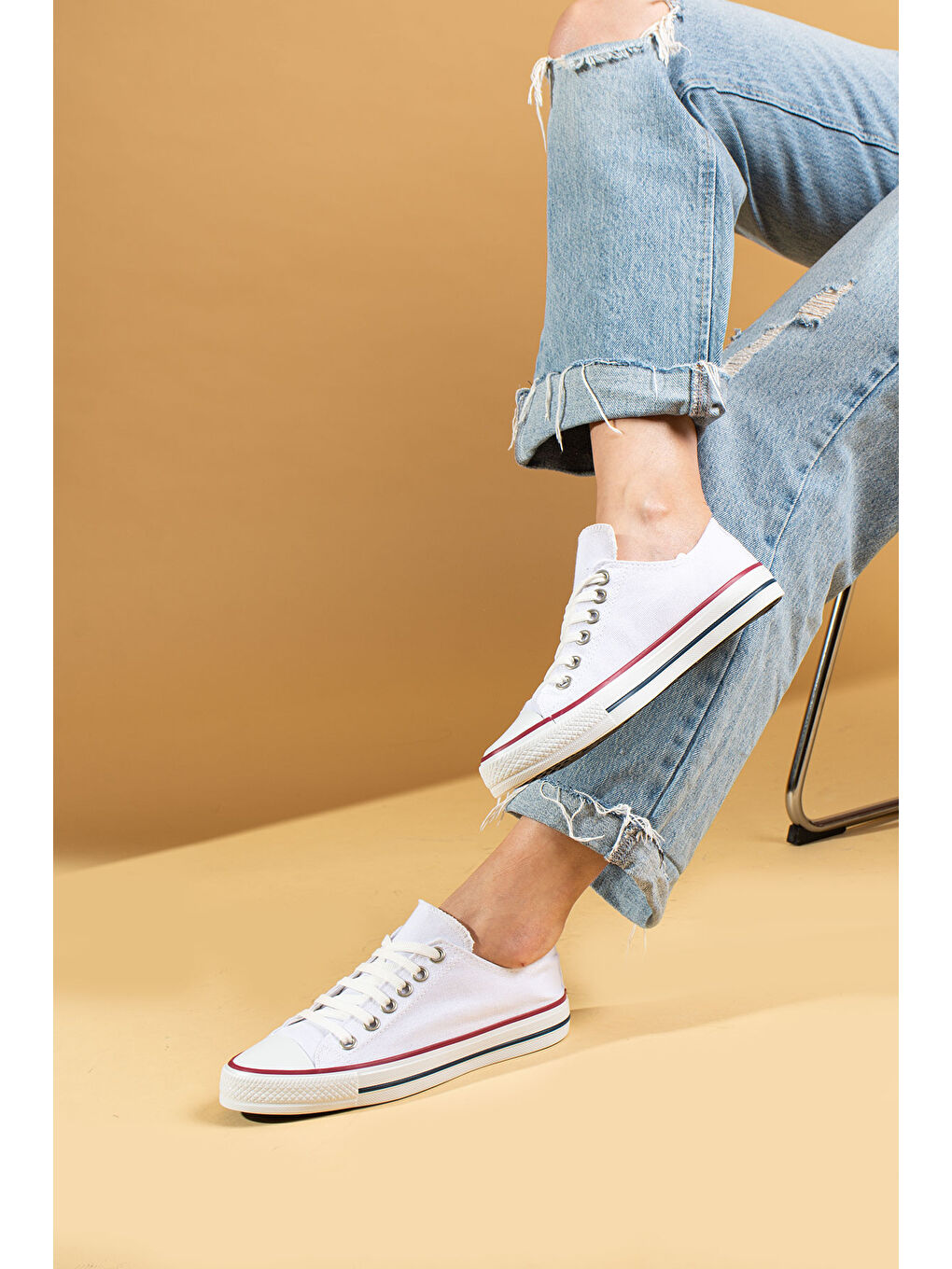 Beyaz Bağcıklı Rahat Taban Keten Kadın Sneaker A3232-20-3