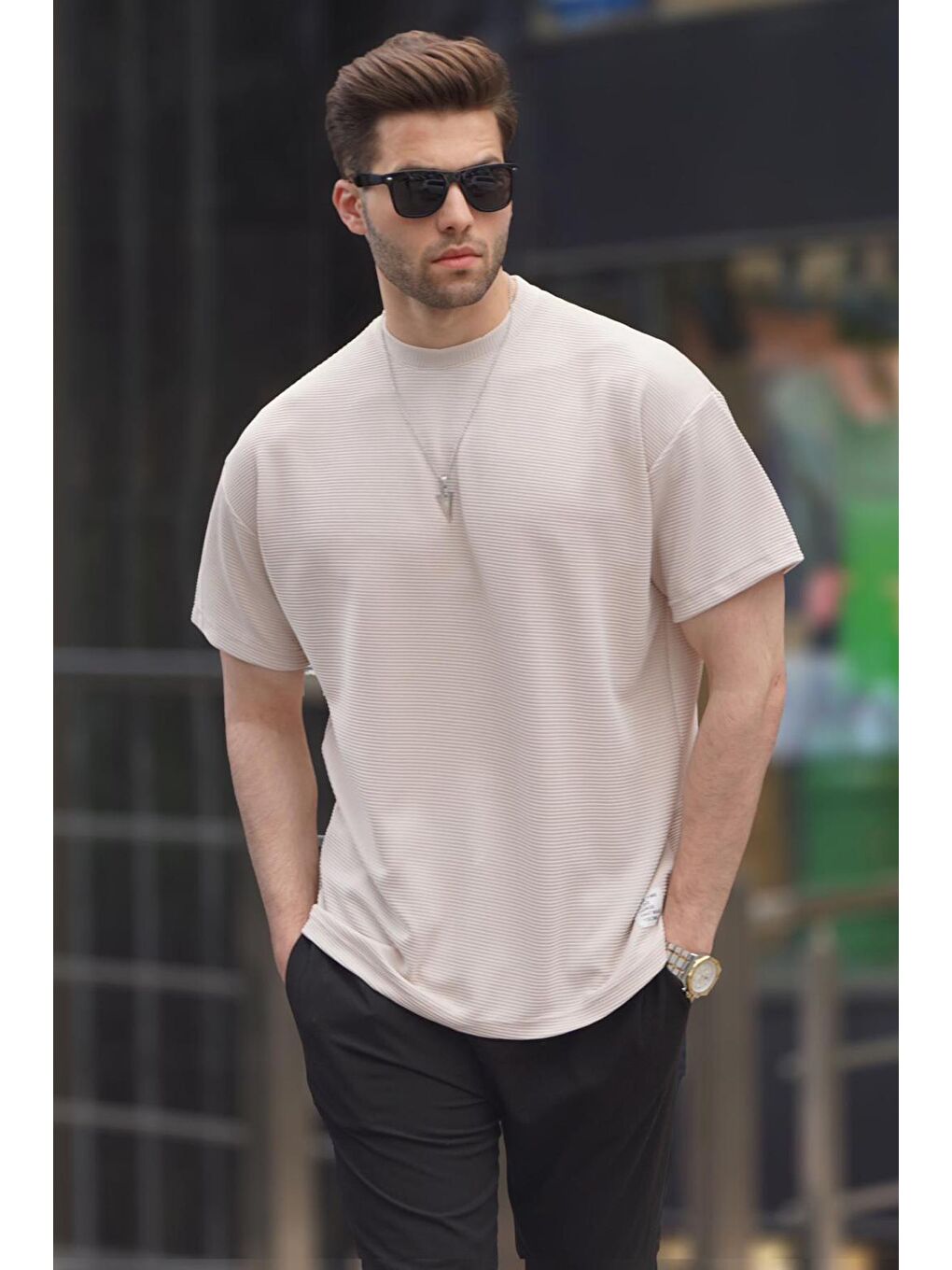Bej Oversize Basic Erkek Tişört 6127